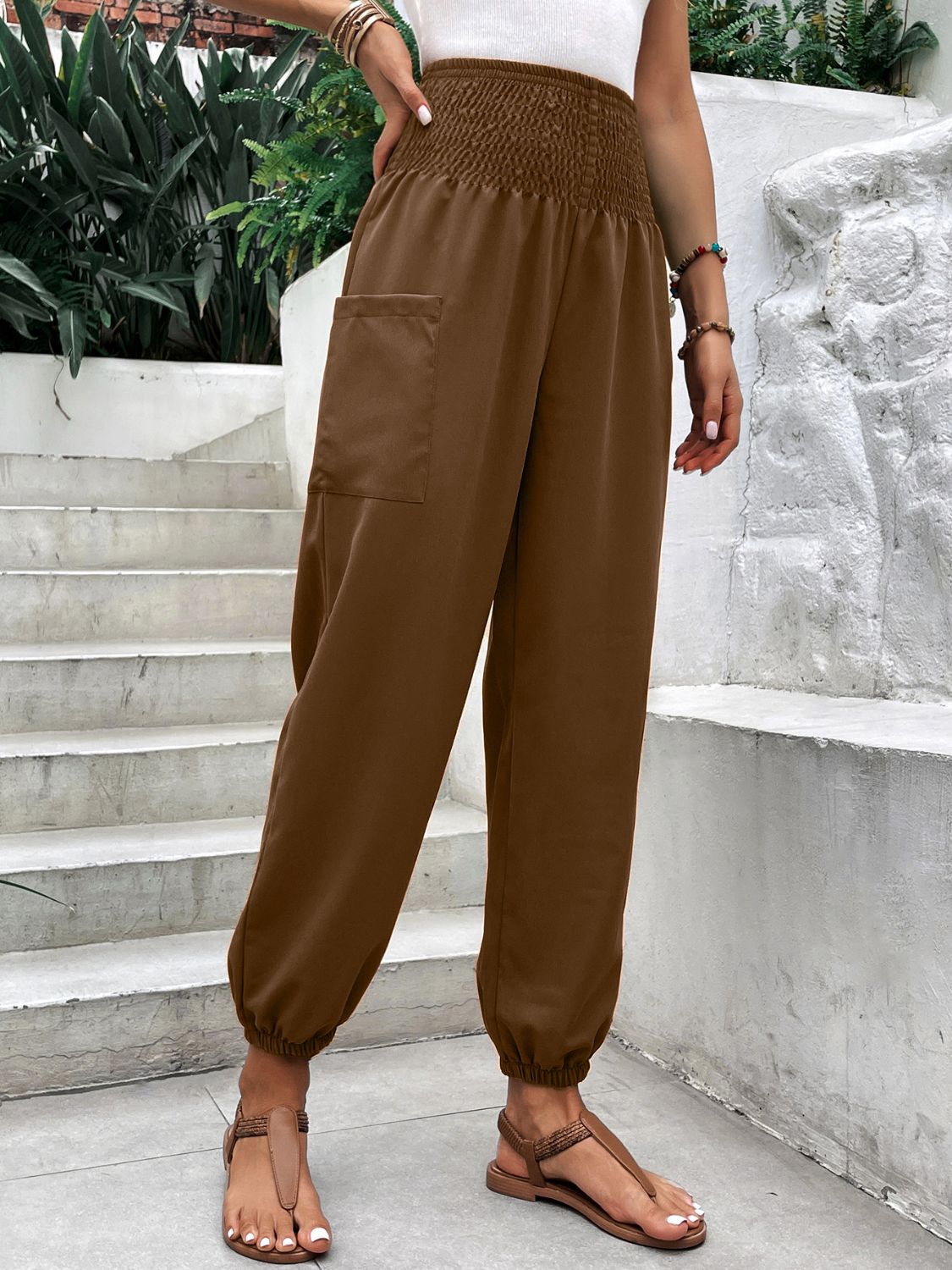 Smocked High Rise Joggers with Pockets-BOTTOM SIZES SMALL MEDIUM LARGE-[Adult]-[Female]-Brown-S-2022 Online Blue Zone Planet