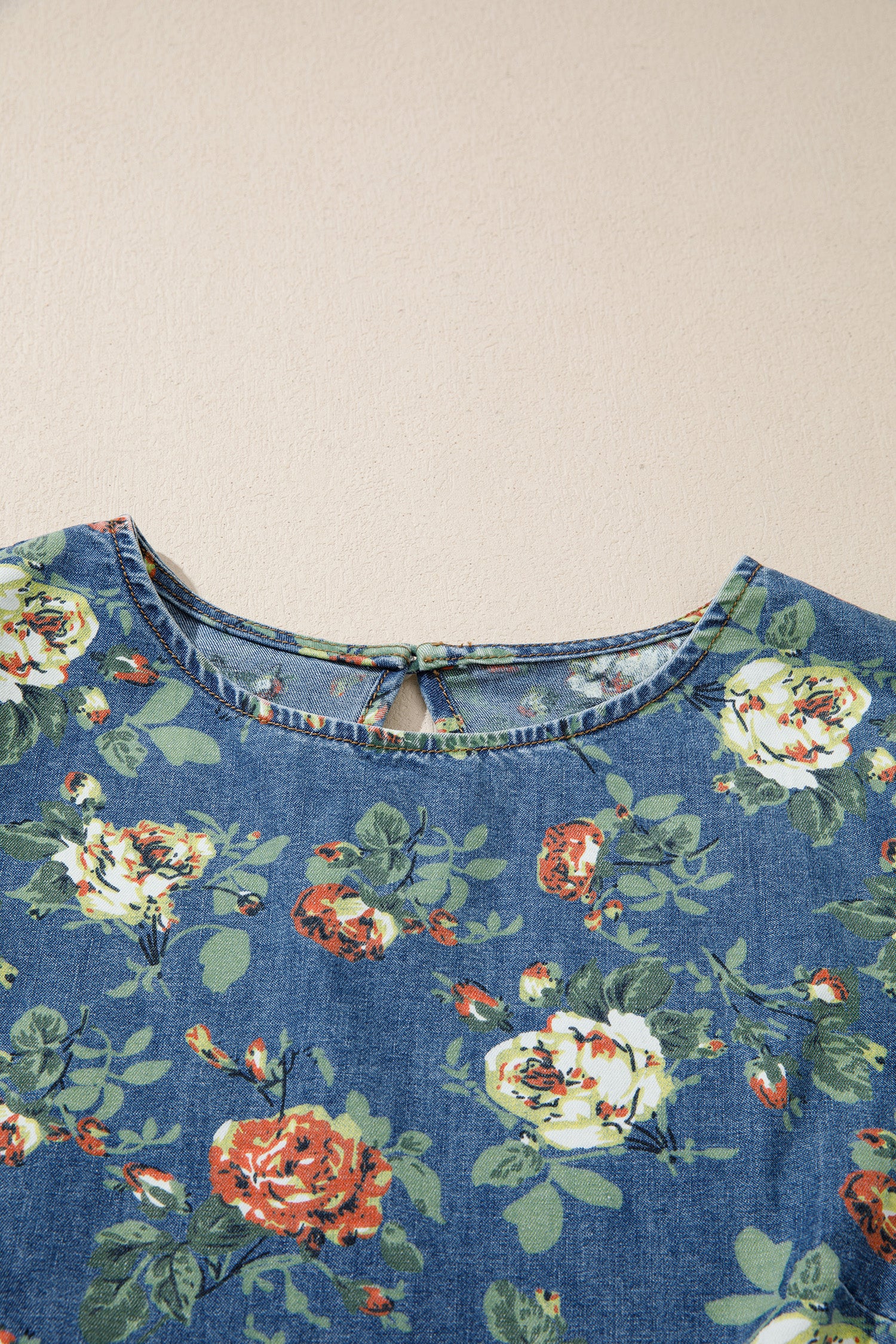 Ashleigh Blue Ruffled Short Sleeve Floral Denim Top-Tops/Tops & Tees-[Adult]-[Female]-2022 Online Blue Zone Planet