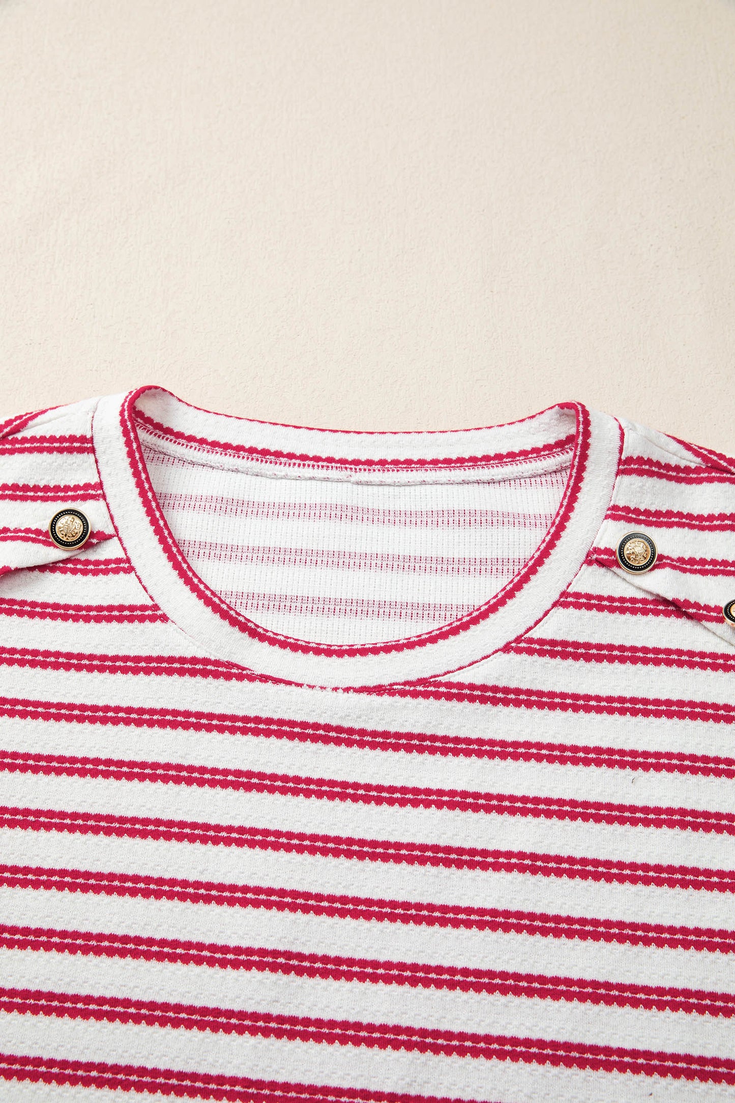 Red Stripe Textured Knit Button Detail Short Sleeve Casual Tee-Tops/Tops & Tees-[Adult]-[Female]-2022 Online Blue Zone Planet