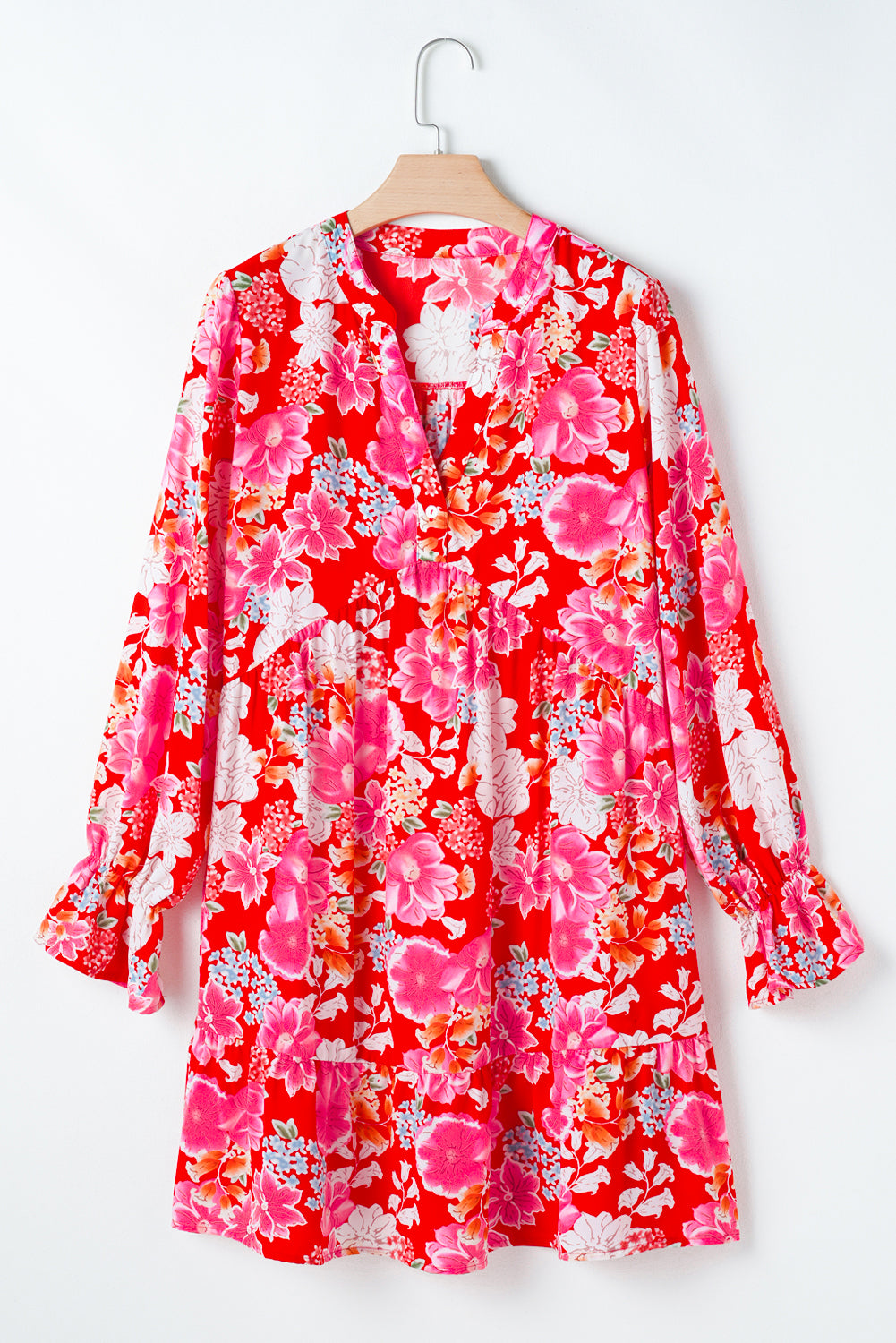 Red Floral Print High Waist V Neck Babydoll Mini Dress-Dresses/Mini Dresses-[Adult]-[Female]-2022 Online Blue Zone Planet