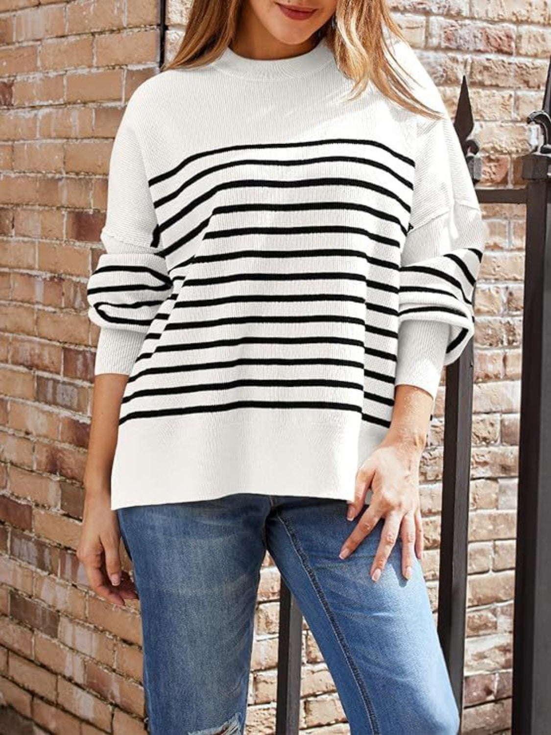 Blue Zone Planet | Striped Round Neck Long Sleeve Sweatshirt-TOPS / DRESSES-[Adult]-[Female]-2022 Online Blue Zone Planet