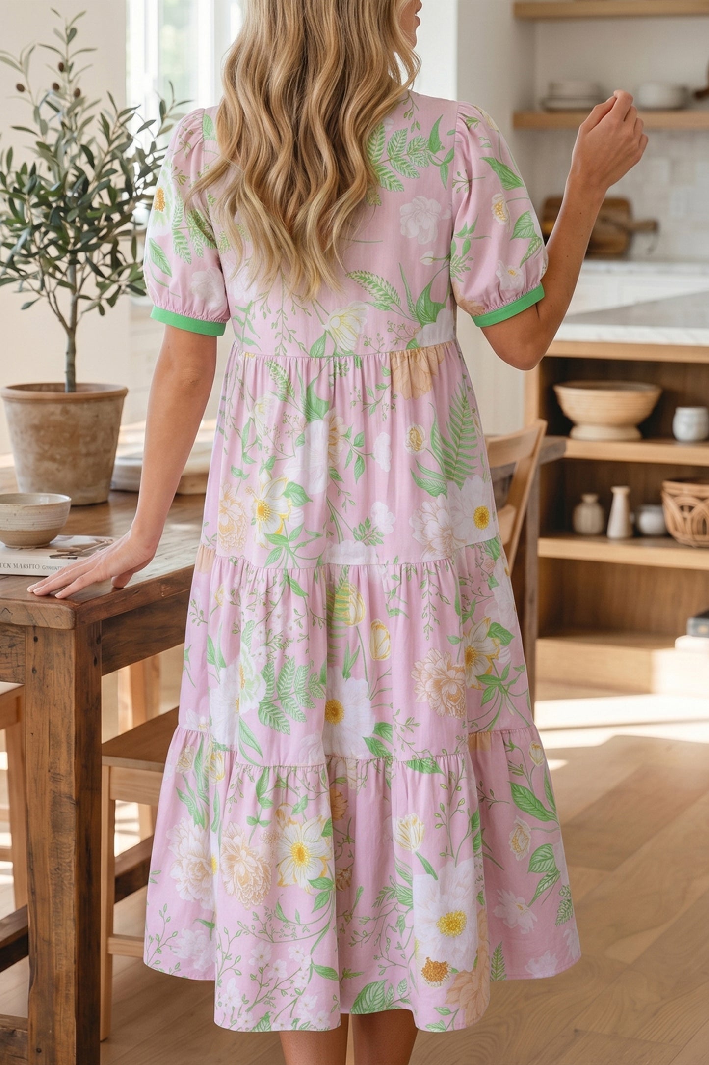 Pink Floral Print Short Puff Sleeve High Waist Tiered Maxi Dress-TOPS / DRESSES-[Adult]-[Female]-2022 Online Blue Zone Planet