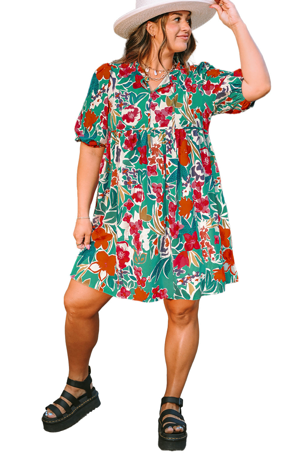 Blue Zone Planet | Sky Blue Plus Size Floral Print Puff Sleeve Tie Neck Babydoll Dress-TOPS / DRESSES-[Adult]-[Female]-2022 Online Blue Zone Planet