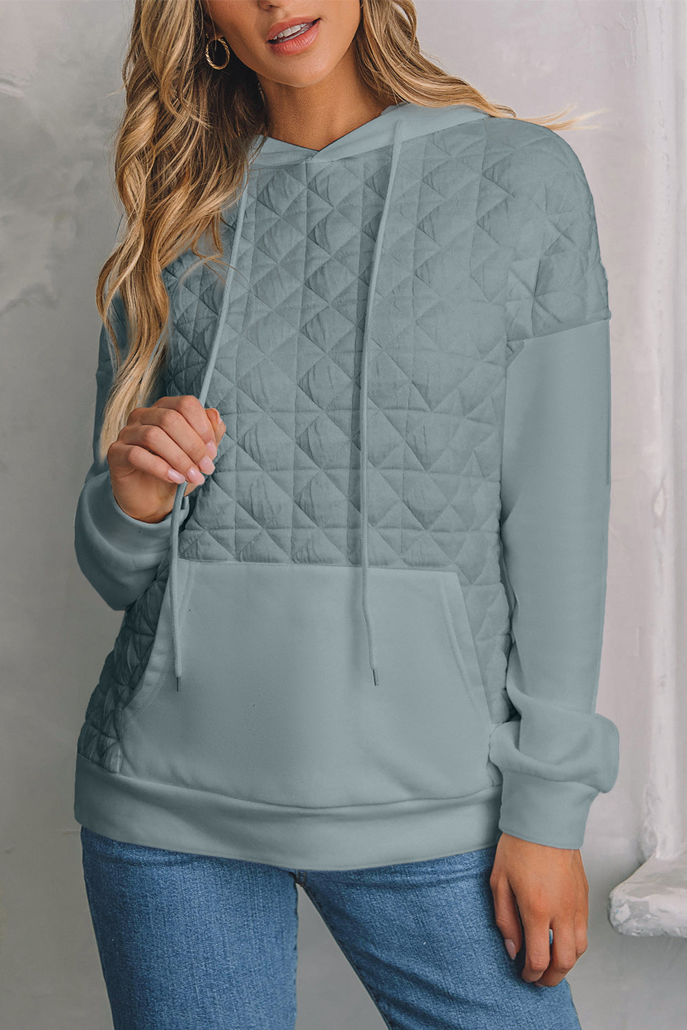 Light Grey Drop Shoulder Quilted Patchwork Kangaroo Pocket Hoodie-Tops/Sweatshirts & Hoodies-[Adult]-[Female]-2022 Online Blue Zone Planet