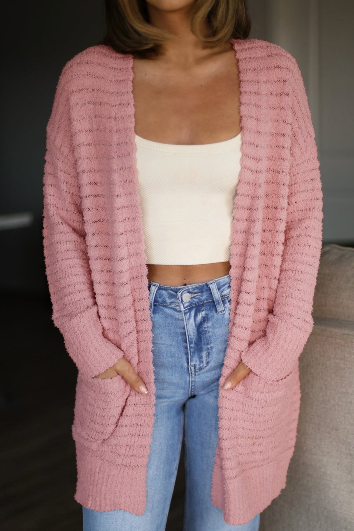 Light Pink Open Front Soft Fuzzy Ribbed Sweater Cardigan-Sweaters & Cardigans/Cardigans-[Adult]-[Female]-2022 Online Blue Zone Planet