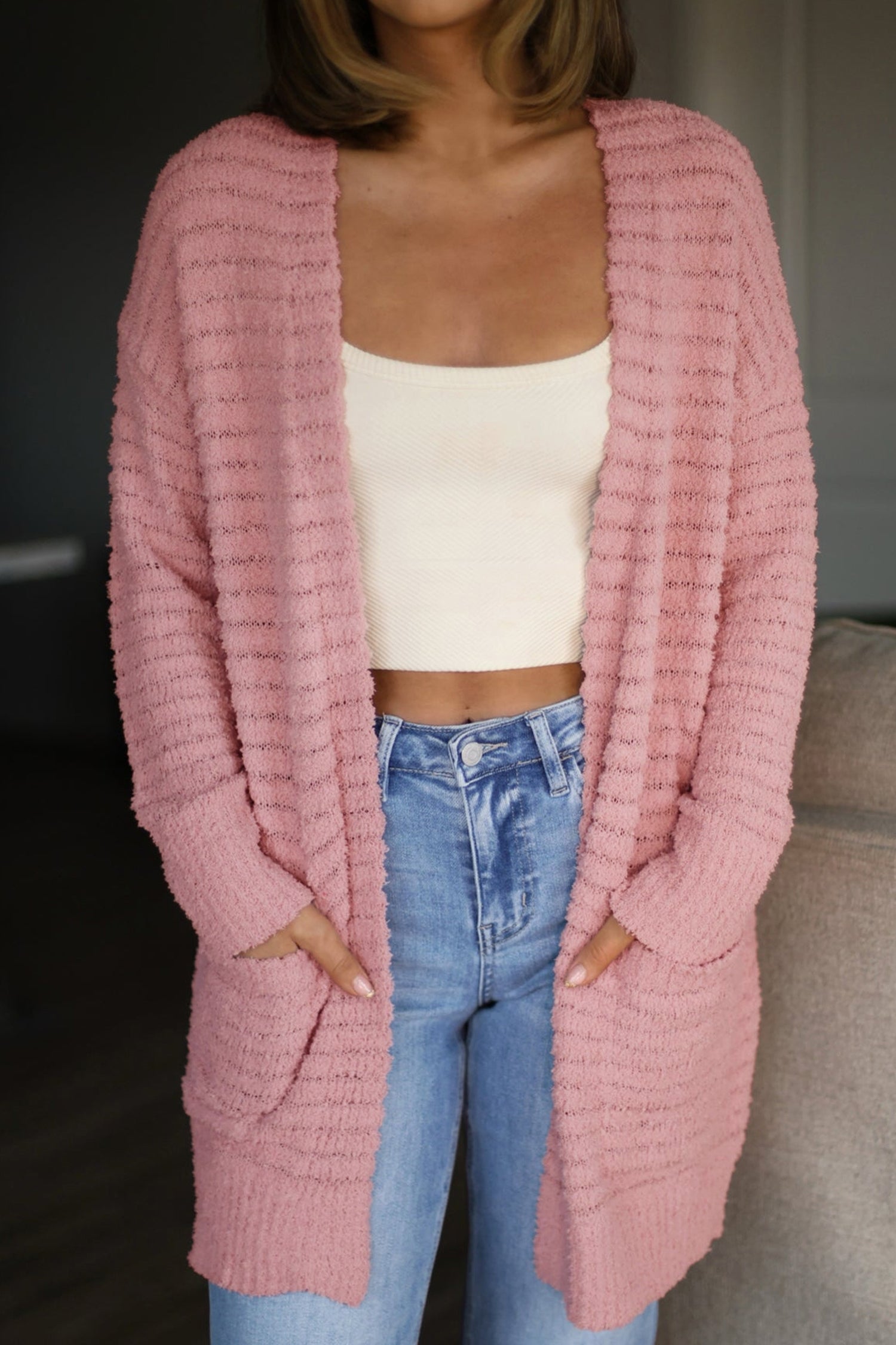 Light Pink Open Front Soft Fuzzy Ribbed Sweater Cardigan-Sweaters & Cardigans/Cardigans-[Adult]-[Female]-2022 Online Blue Zone Planet