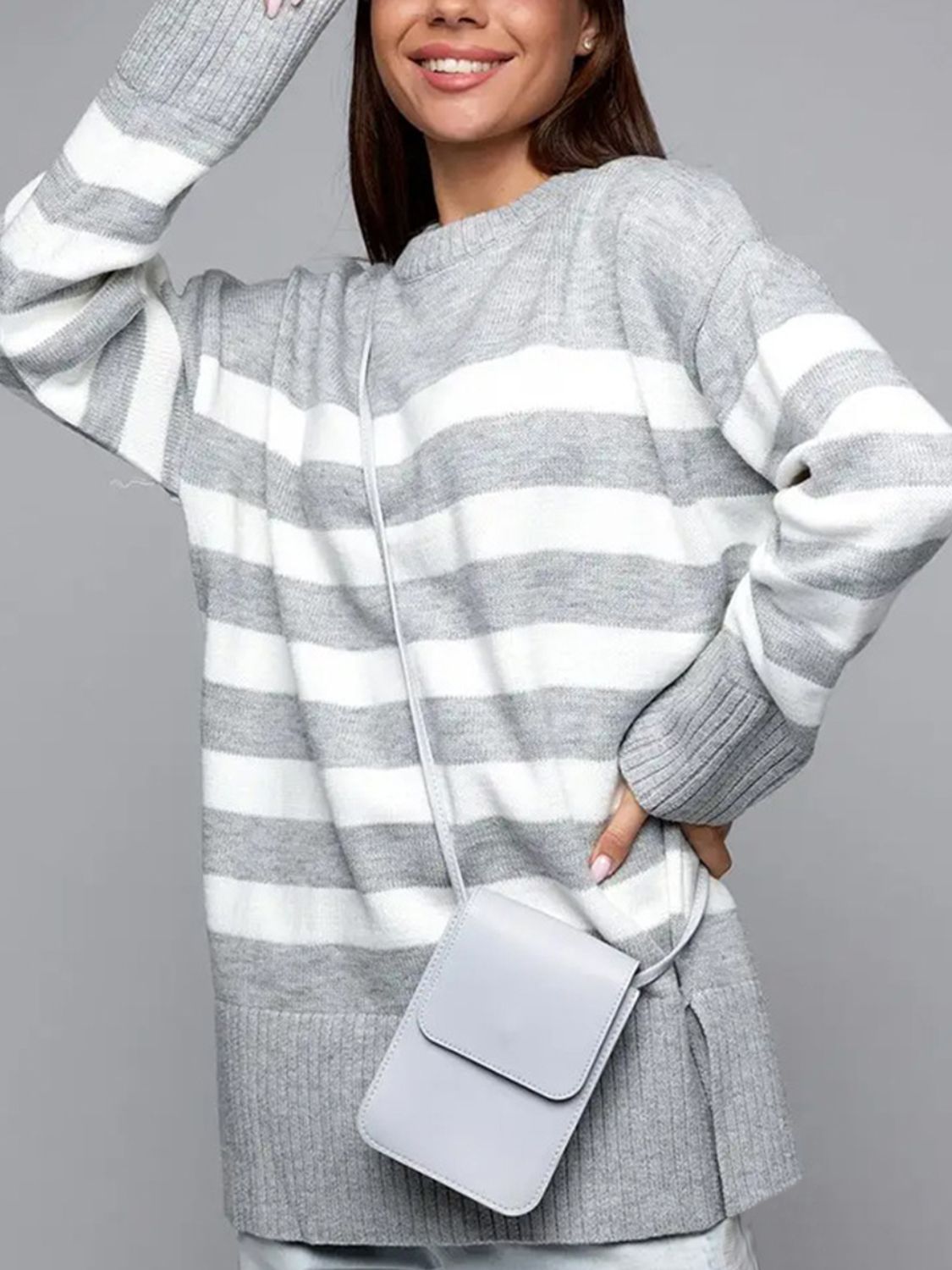 Slit Striped Round Neck Sweater-TOPS / DRESSES-[Adult]-[Female]-Light Gray-S-2022 Online Blue Zone Planet