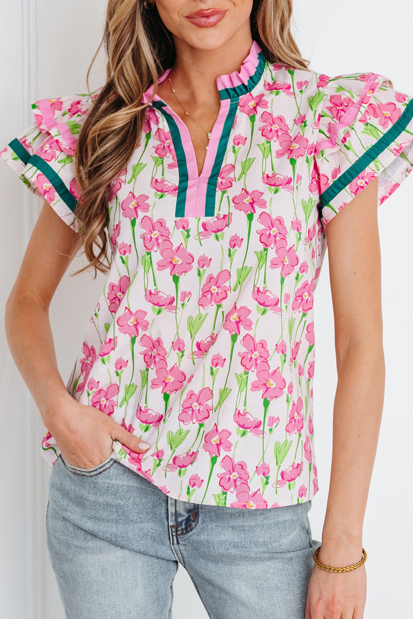 Pink Floral Print Contrast Trim V Neck Double Ruffled Short Sleeve Blouse-Tops/Blouses & Shirts-[Adult]-[Female]-2022 Online Blue Zone Planet