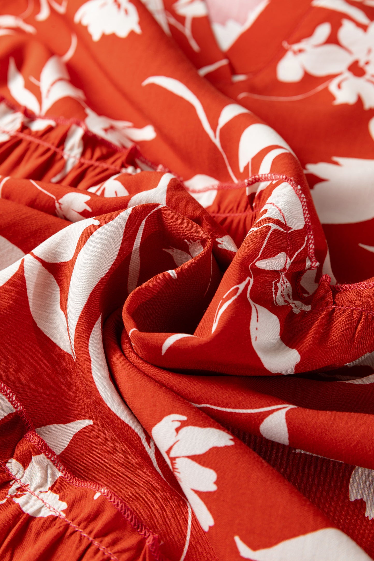 Red Boho Floral Print Lettuce Trim 3/4 Sleeve Mini Dress-TOPS / DRESSES-[Adult]-[Female]-2022 Online Blue Zone Planet