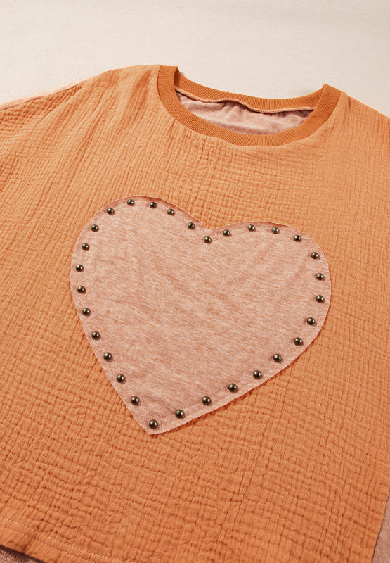 Stud Heart Patch Round Neck Short Sleeve T-Shirt-TOPS / DRESSES-[Adult]-[Female]-2022 Online Blue Zone Planet