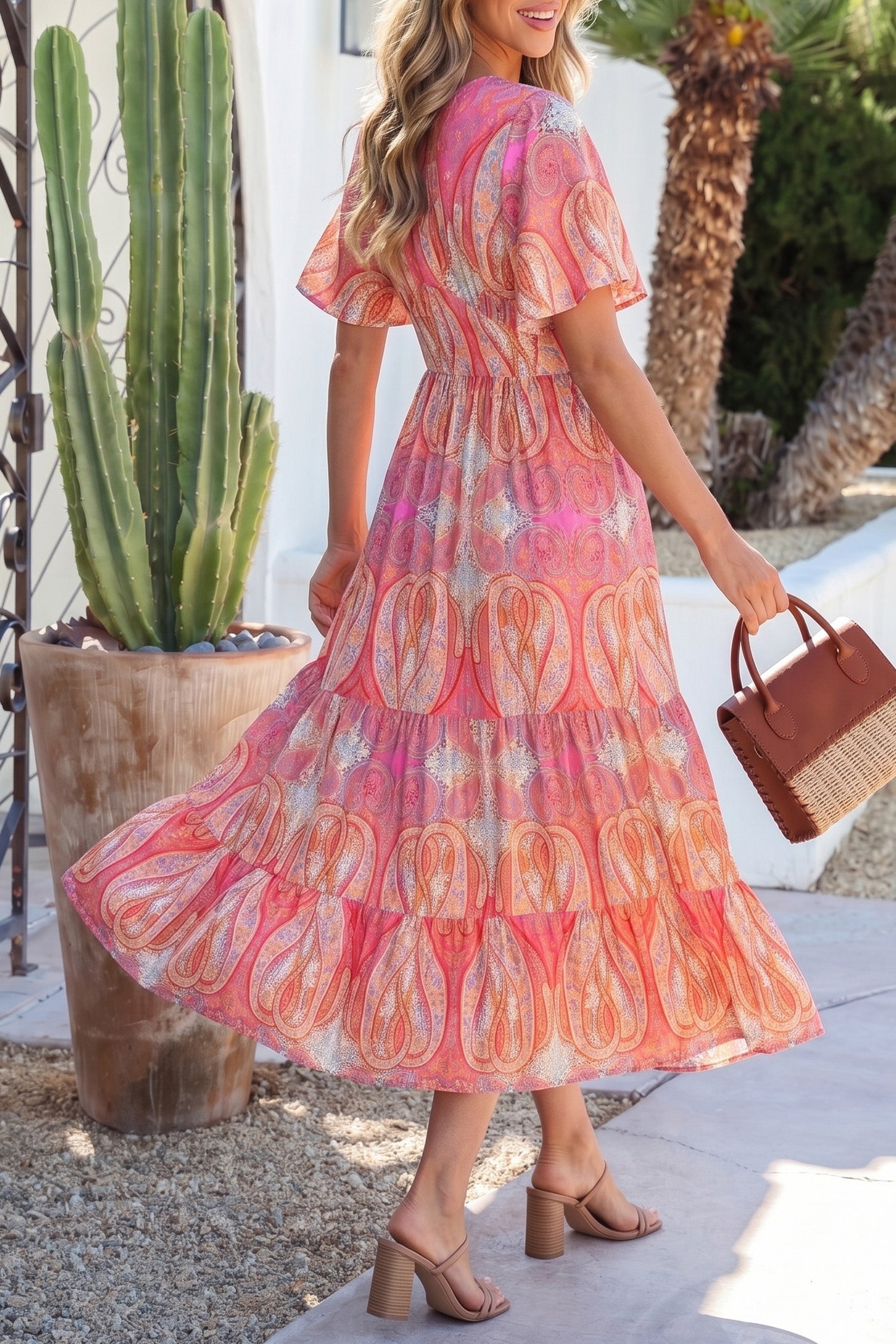 Multicolour Paisley Print V-Neck Short Sleeve Boho Maxi Dress with Ruffle Details-TOPS / DRESSES-[Adult]-[Female]-2022 Online Blue Zone Planet