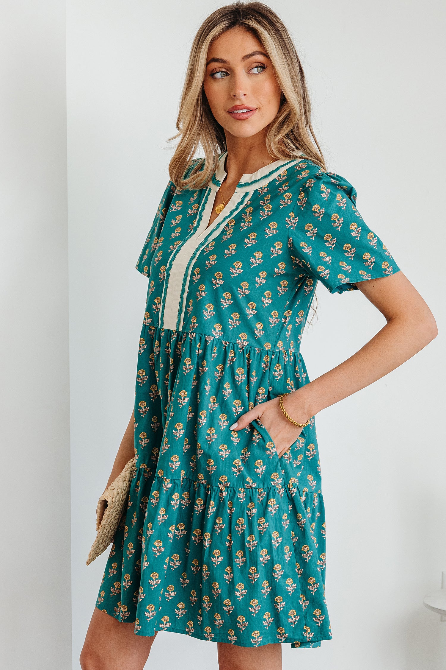 Green Contrast Trim V Neck Short Sleeve Floral Dress-TOPS / DRESSES-[Adult]-[Female]-2022 Online Blue Zone Planet