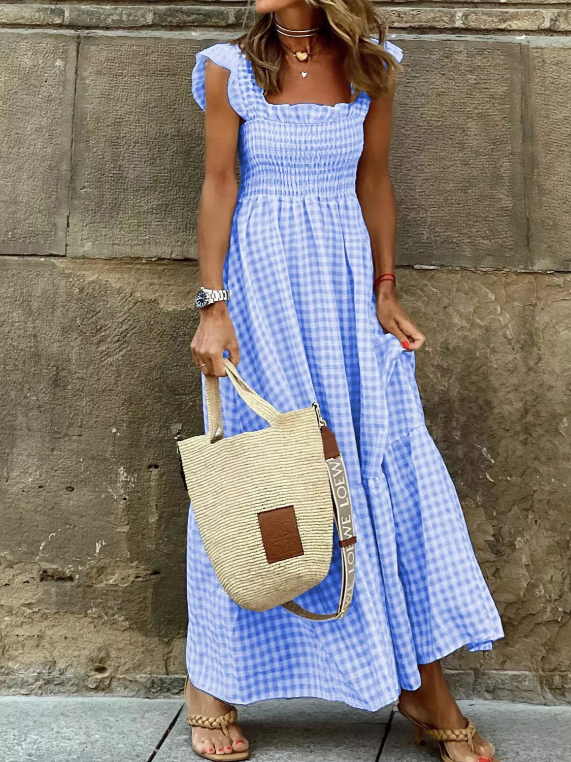 Kim's Full Size Gingham Smocked Ruffle Maxi Dress Plus Size Sky Blue / S