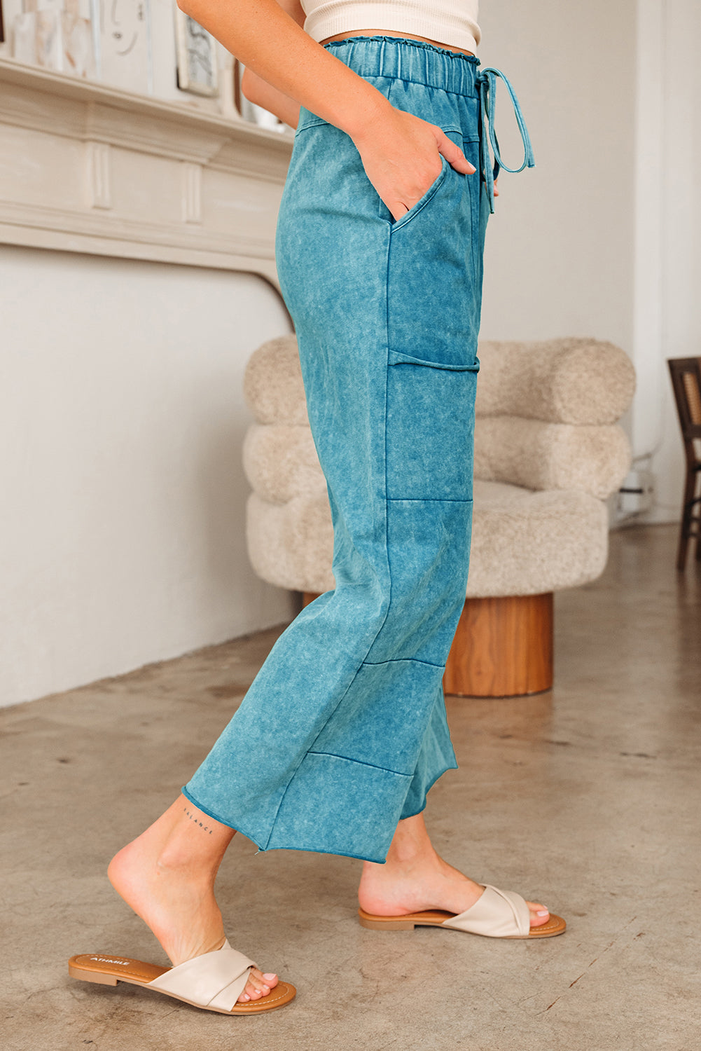 Medium Grey Mineral Wash Lace-Up High Waist Raw Hem Patched Pocket Pants-Bottoms/Pants & Culotte-[Adult]-[Female]-2022 Online Blue Zone Planet
