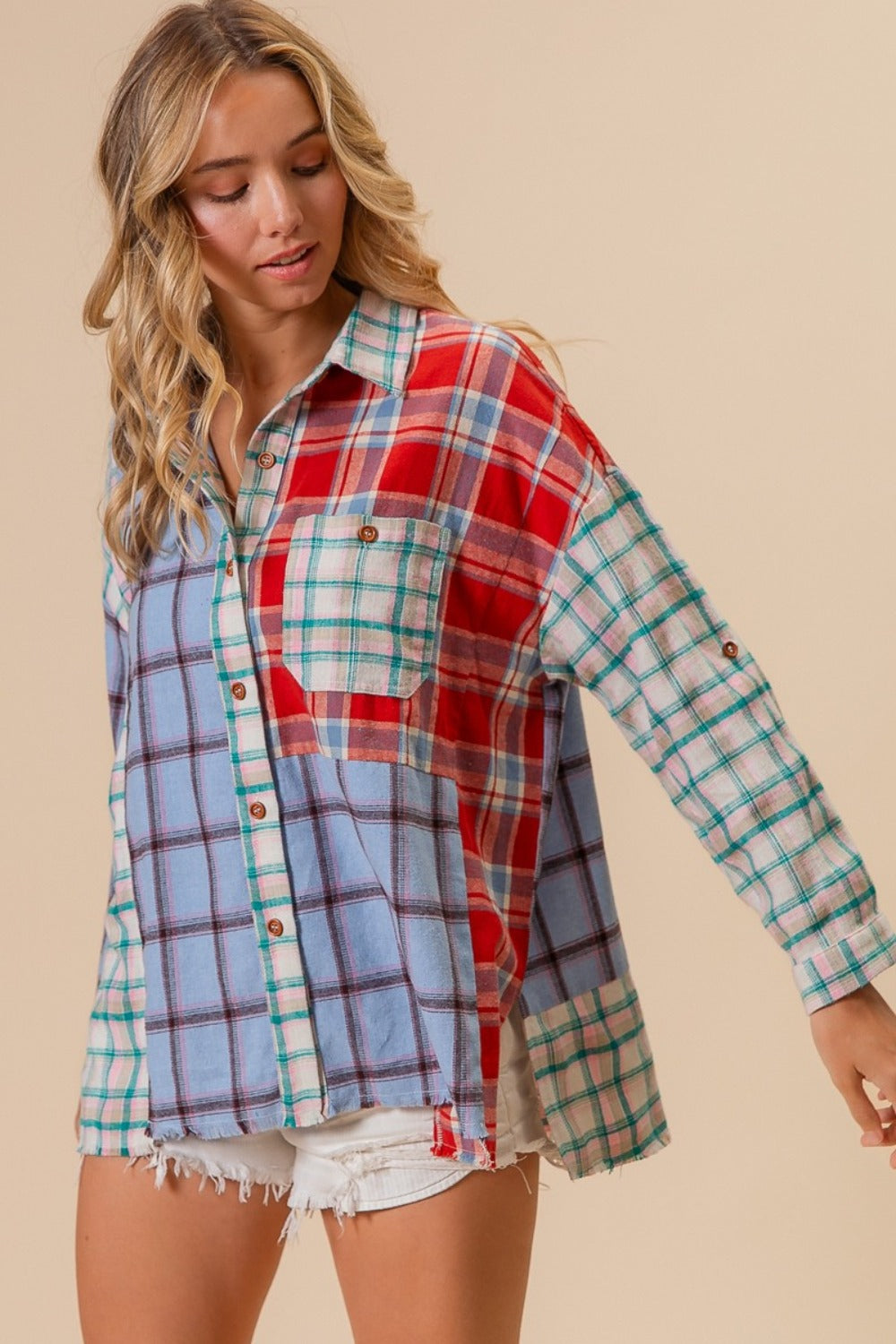 BiBi Color Block Plaid Button Down Shirt-TOPS / DRESSES-[Adult]-[Female]-2022 Online Blue Zone Planet