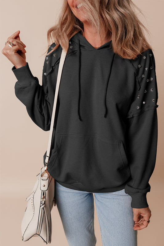 Black Solid Color Rivet Stud Raglan Sleeve Hoodie with Pocket-Tops / Dresses-[Adult]-[Female]-Black-S-2022 Online Blue Zone Planet