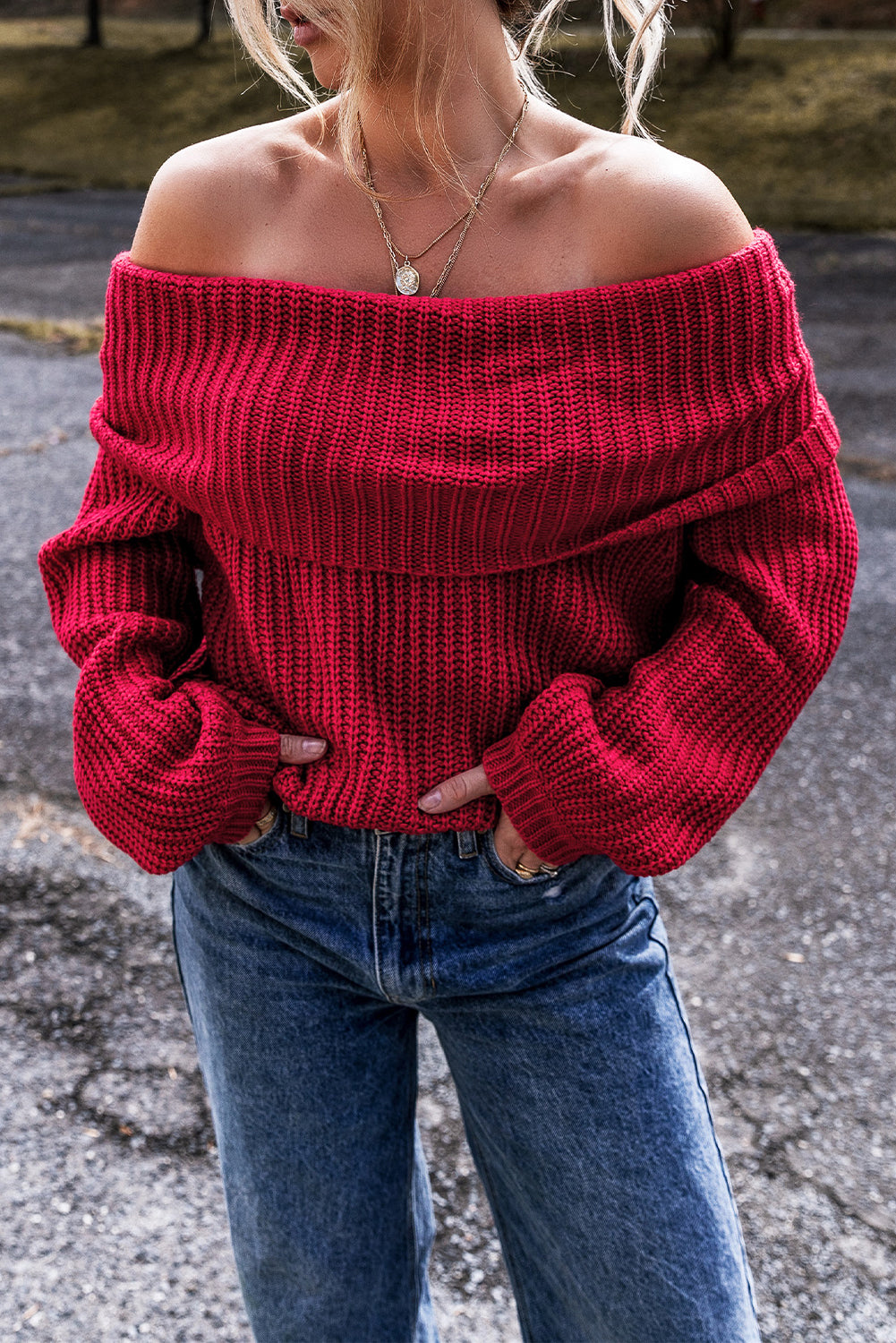 Blue Zone Planet | Racing Red Off-the-shoulder Knit Sweater-Sweaters & Cardigans/Sweaters-[Adult]-[Female]-Racing Red-S-2022 Online Blue Zone Planet