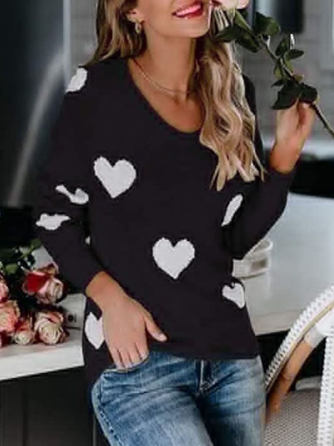 Heart Scoop Neck Long Sleeve Sweater-TOPS / DRESSES-[Adult]-[Female]-Black-S-2022 Online Blue Zone Planet