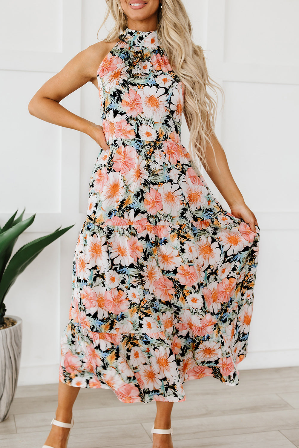 Blue Zone Planet | Black Boho Floral Print Knotted Halter Ruffled Maxi Dress-TOPS / DRESSES-[Adult]-[Female]-2022 Online Blue Zone Planet