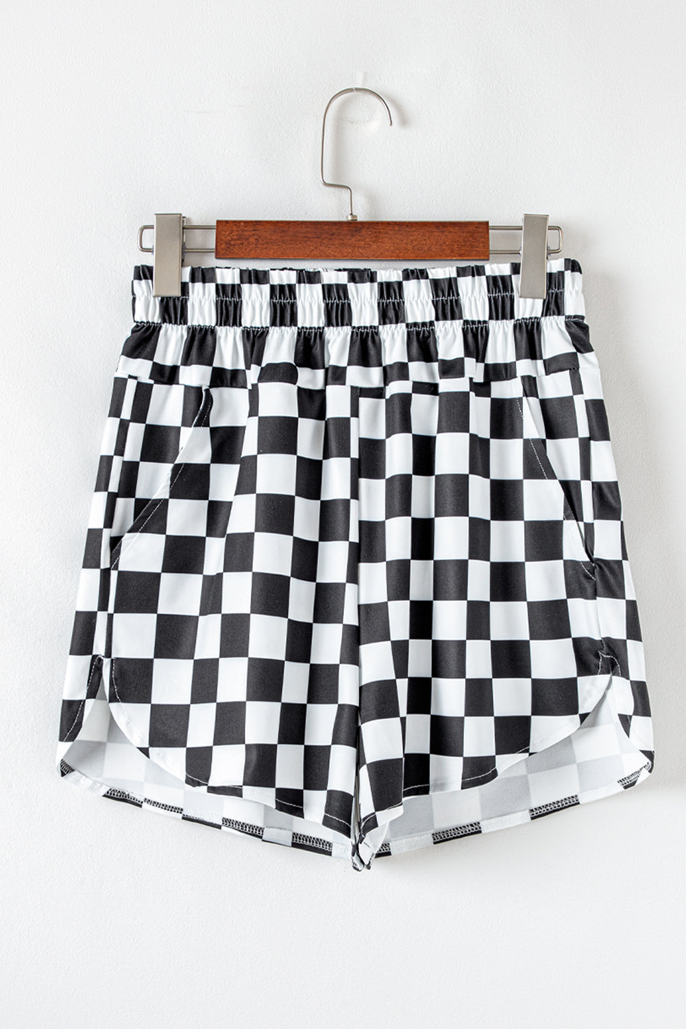 Blue Zone Planet | Black Checkered Print High Waist Casual Shorts-Bottoms/Casual Shorts-[Adult]-[Female]-2022 Online Blue Zone Planet