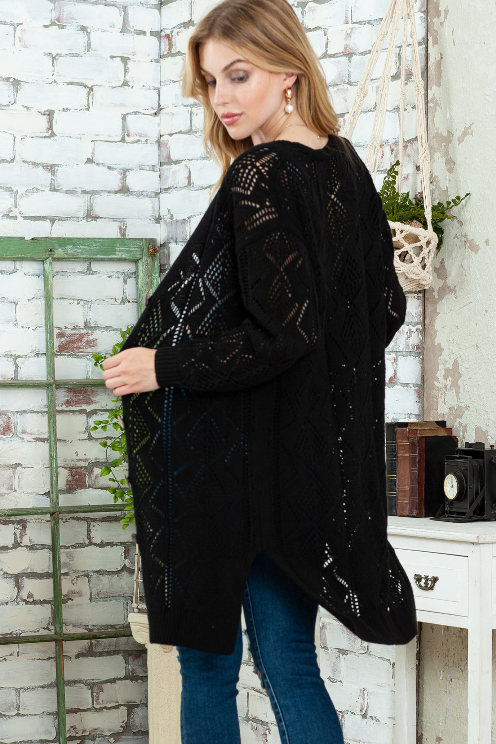 Black Button Up Hollow Out Loose Long Cardigan-Cardigans-[Adult]-[Female]-2022 Online Blue Zone Planet