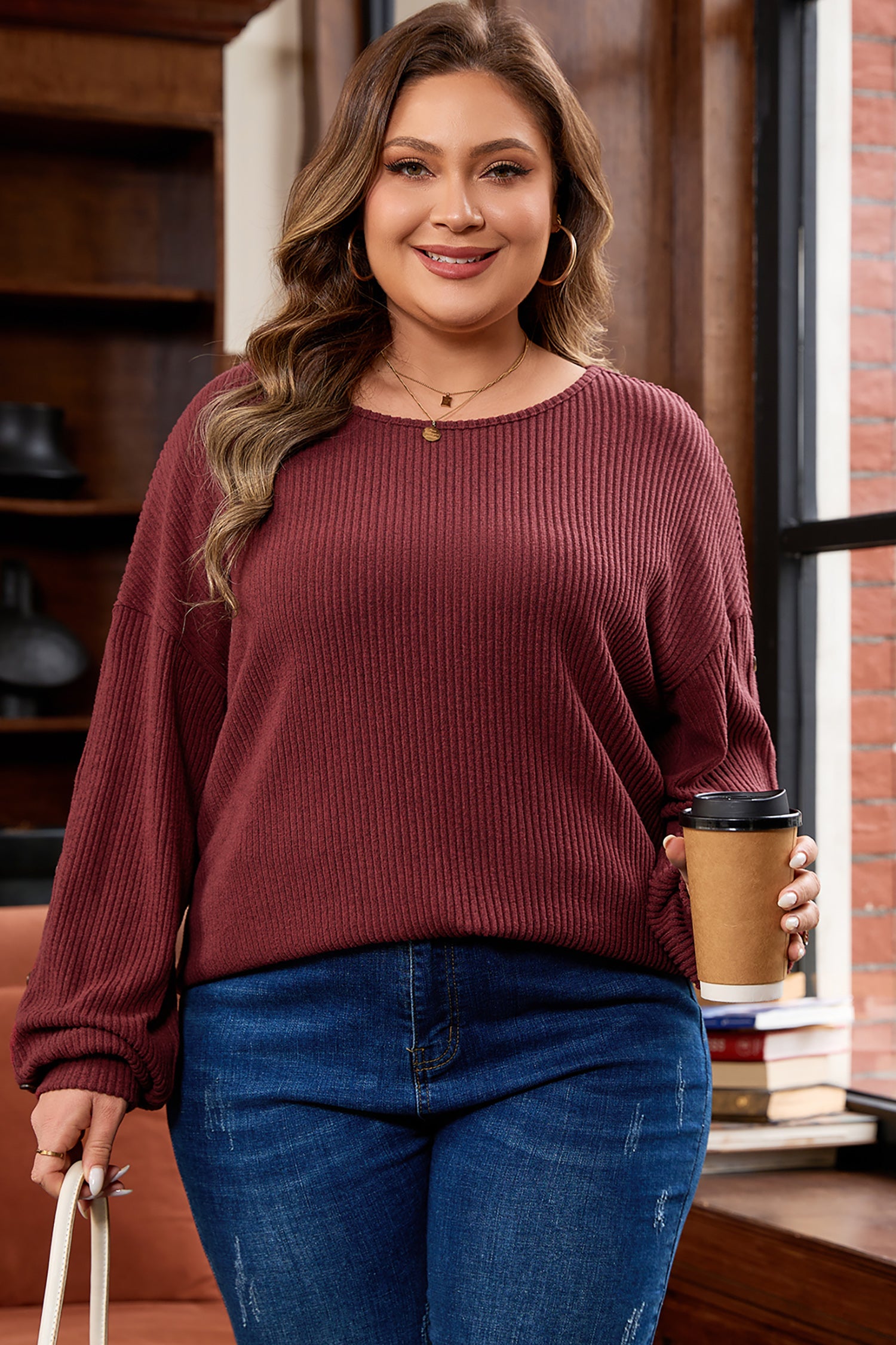 Wild Ginger Plus Size Ribbed Button Decor Long Sleeve Loose Top-Plus Size/Plus Size Tops/Plus Size Long Sleeve Tops-[Adult]-[Female]-2022 Online Blue Zone Planet