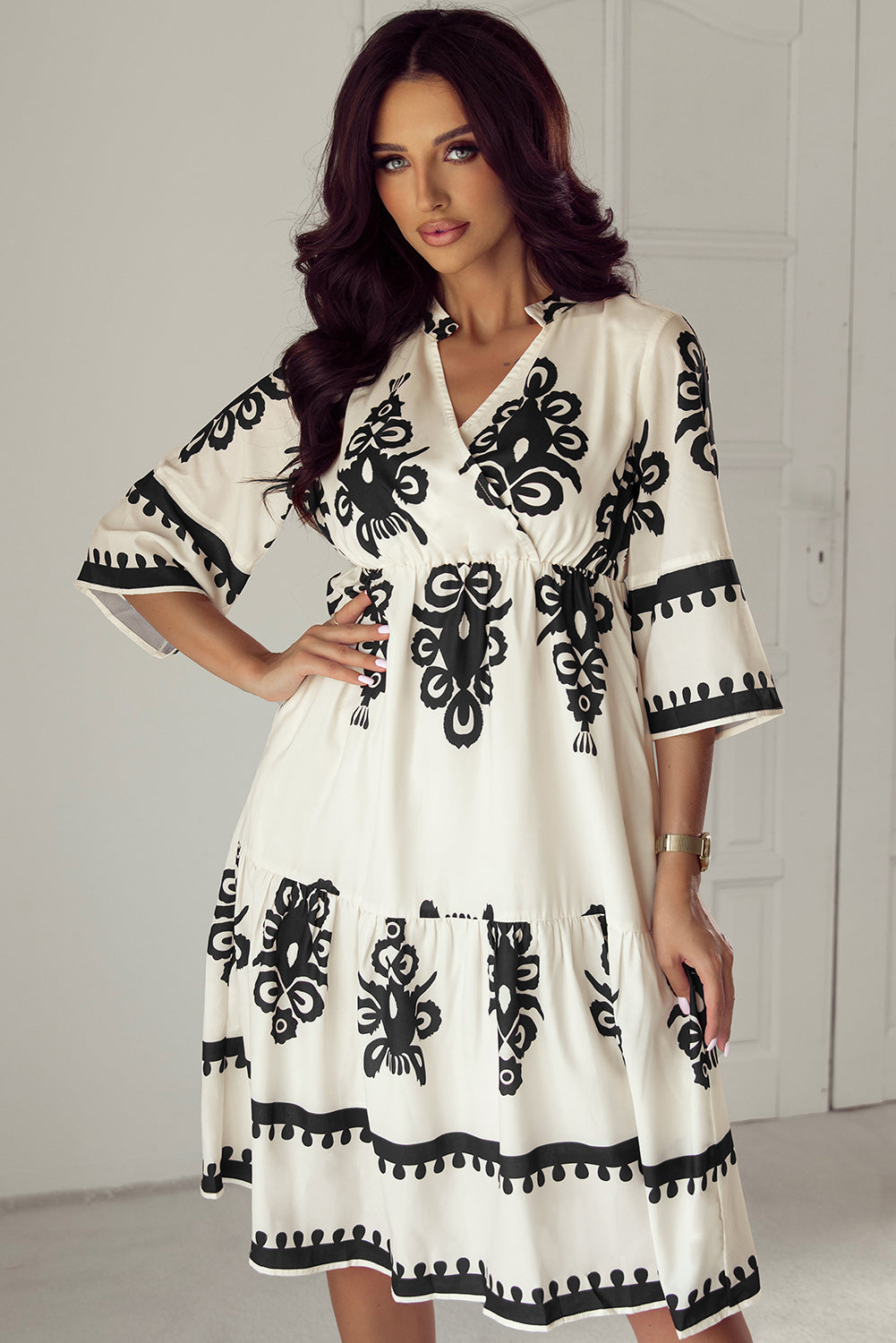 Blue Zone Planet | Beige Western Geometric Print 3/4 Sleeve Loose Midi Dress-TOPS / DRESSES-[Adult]-[Female]-2022 Online Blue Zone Planet