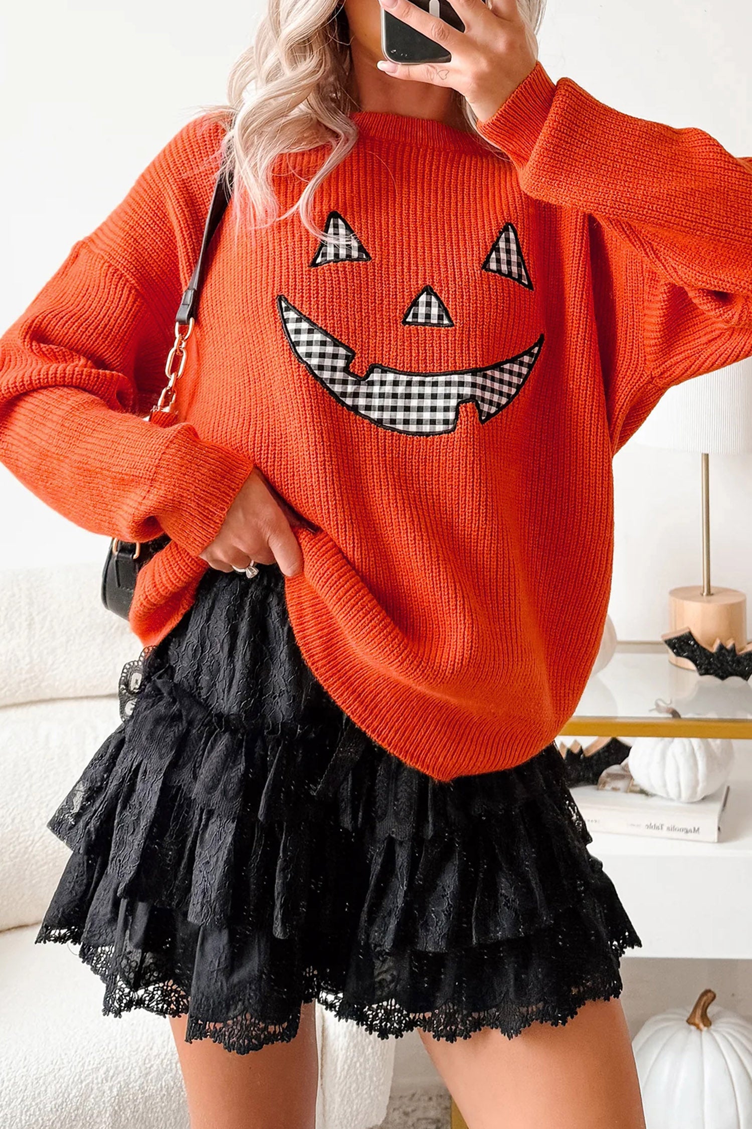 Orange Drop Shoulder Long Sleeve Round Neck Halloween Sweater-Sweaters & Cardigans/Sweaters-[Adult]-[Female]-2022 Online Blue Zone Planet
