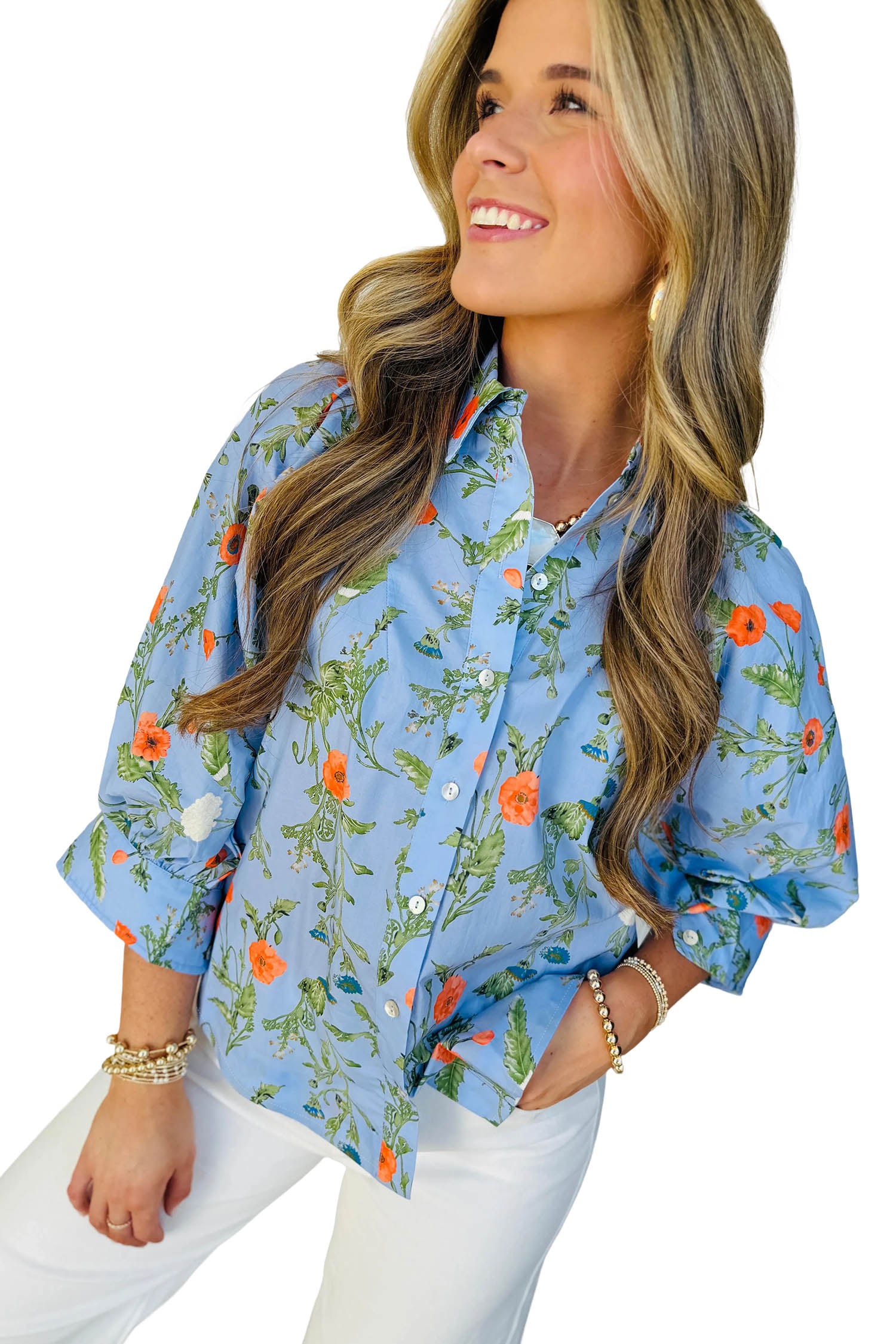 Sky Blue Floral Print Bracelet Sleeve Button Down Casual Shirt-Tops/Blouses & Shirts-[Adult]-[Female]-2022 Online Blue Zone Planet