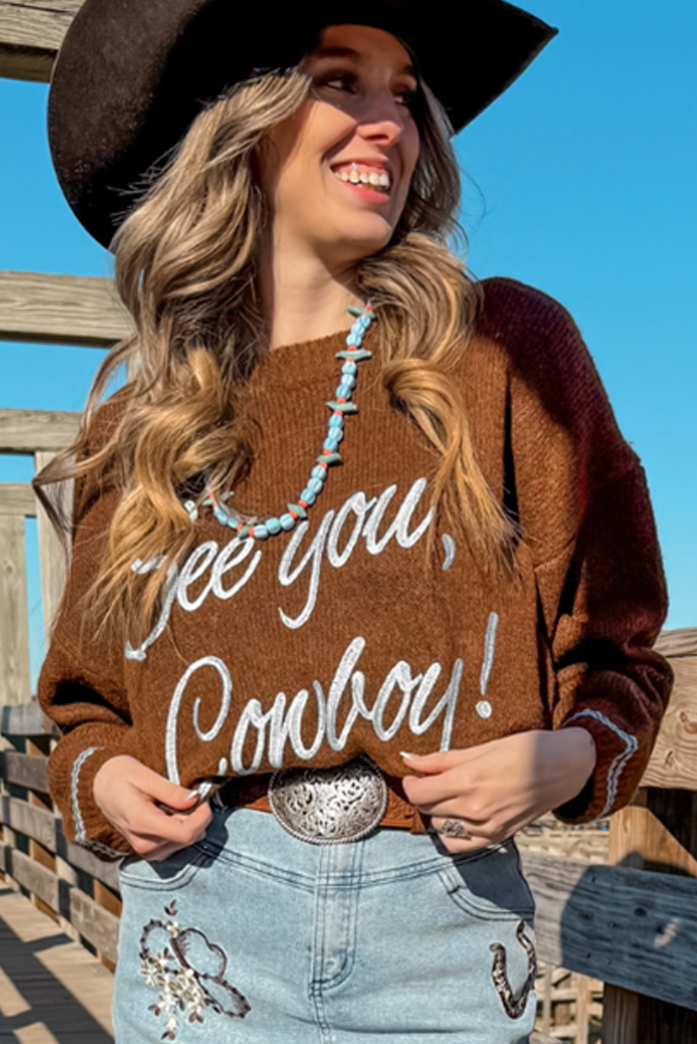 Coffee See You Cowboy Embroidered Western Graphic Sweater-TOPS / DRESSES-[Adult]-[Female]-2022 Online Blue Zone Planet