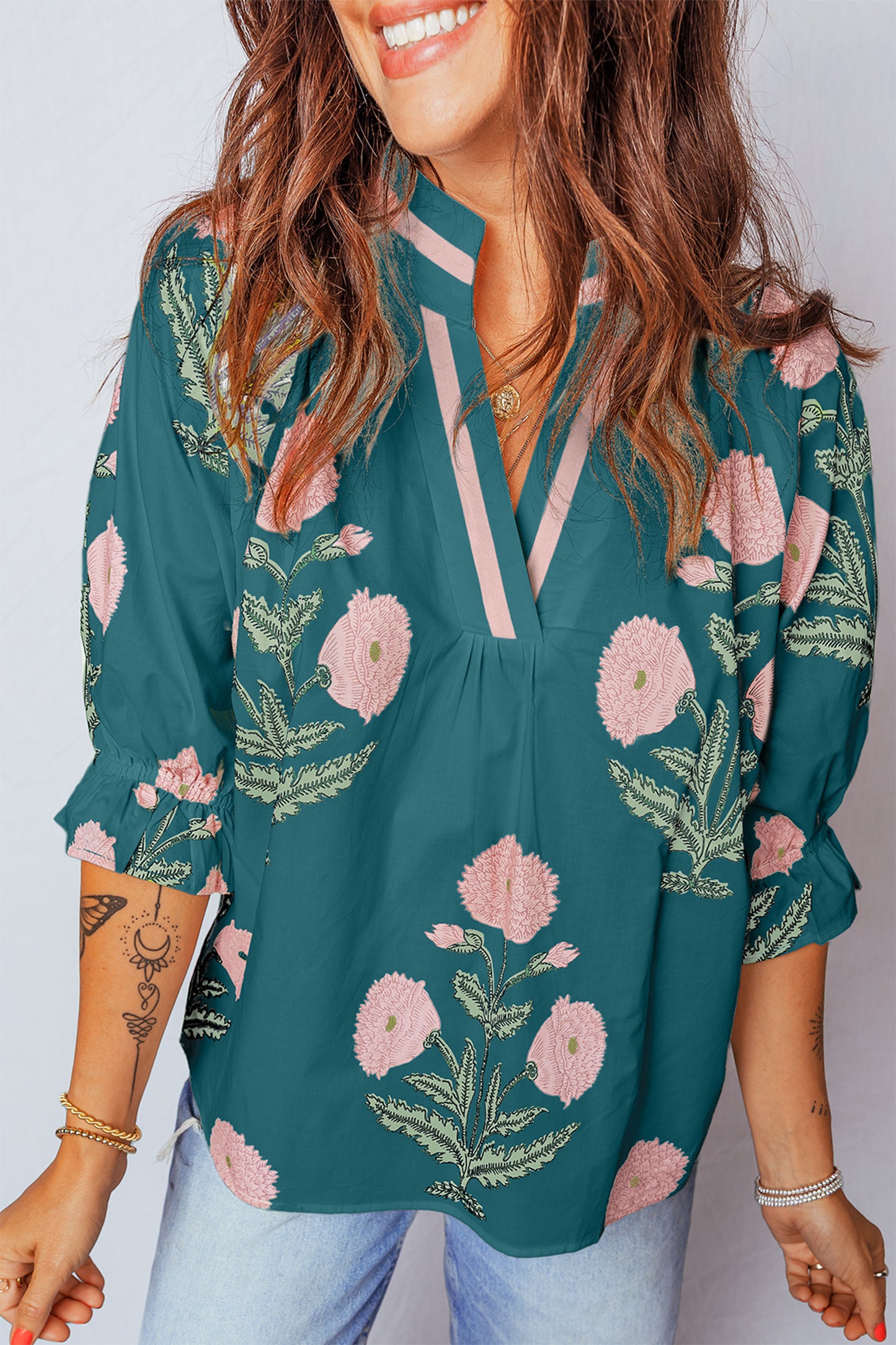 Sky Blue Casual Wild Flower Print V Neck 3/4 Sleeve Blouse-Tops/Blouses & Shirts-[Adult]-[Female]-Green-S-2022 Online Blue Zone Planet