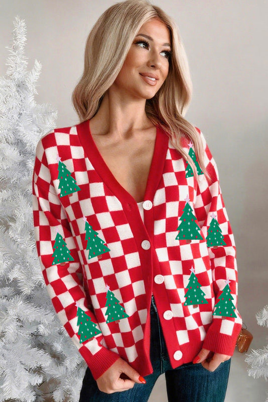 Pink Checkered Christmas Tree Pattern Button V Neck Cardigan Sweater-Sweaters & Cardigans/Cardigans-[Adult]-[Female]-2022 Online Blue Zone Planet