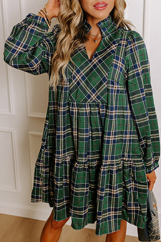 Green Plaid Print Frilly Collar Long Sleeve Shift Mini Dress-TOPS / DRESSES-[Adult]-[Female]-Green-S-2022 Online Blue Zone Planet