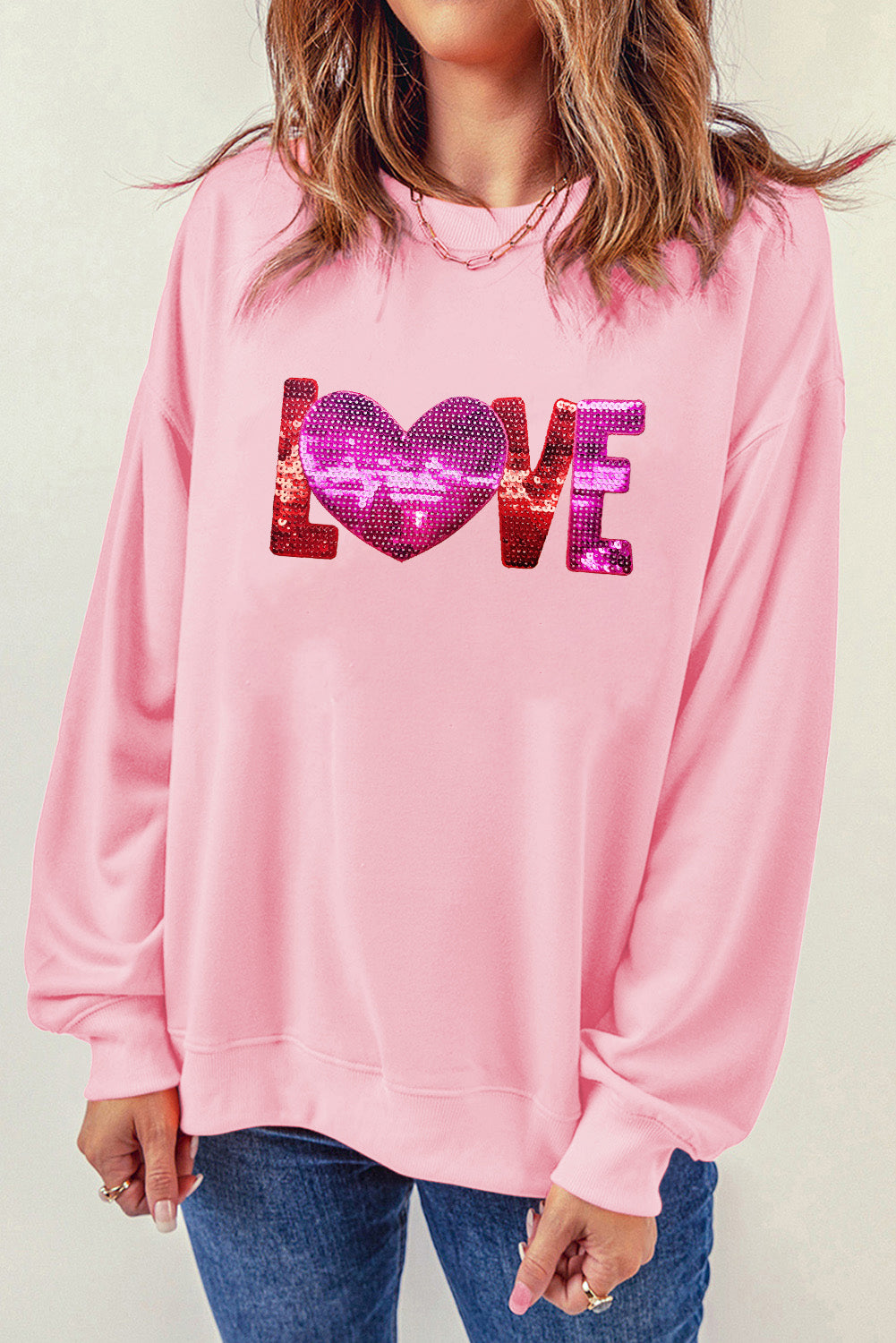 Pink LOVE Patched Pattern Drop Shoulder Valentines Pullover Sweatshirt-Graphic Sweatshirts-[Adult]-[Female]-2022 Online Blue Zone Planet