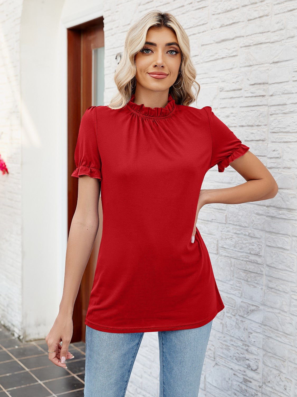 Frill Mock Neck Flounce Sleeve Blouse-TOPS / DRESSES-[Adult]-[Female]-Deep Red-S-2022 Online Blue Zone Planet