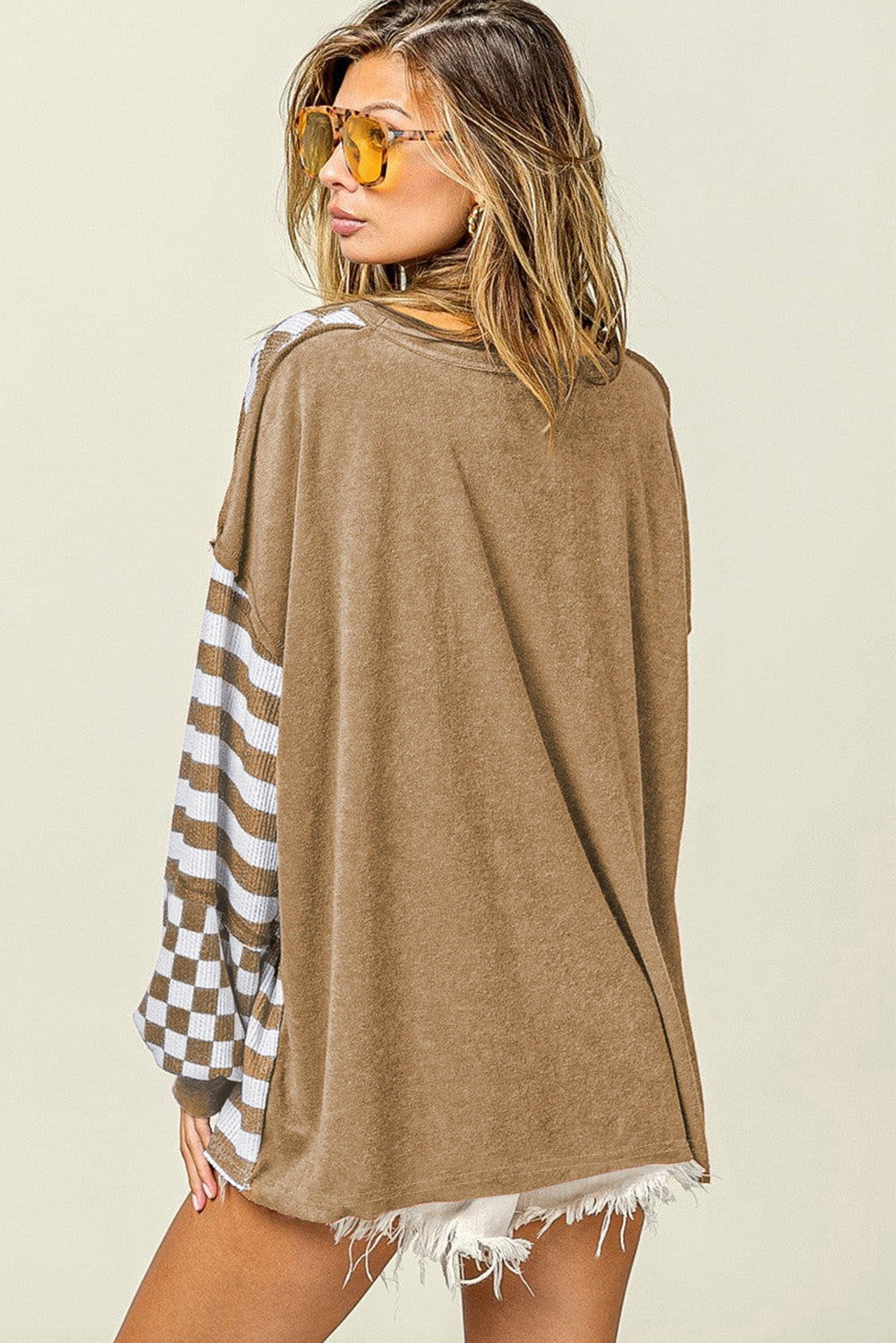 Dark Grey Checkerboard Striped Patchwork Lantern Sleeve Pocketed Blouse-Tops/Long Sleeve Tops-[Adult]-[Female]-2022 Online Blue Zone Planet