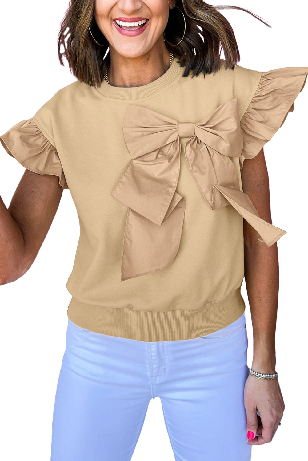 Parchment Ribbon Bow Ruffle Sleeve Round Neck Top-Blouses-[Adult]-[Female]-2022 Online Blue Zone Planet