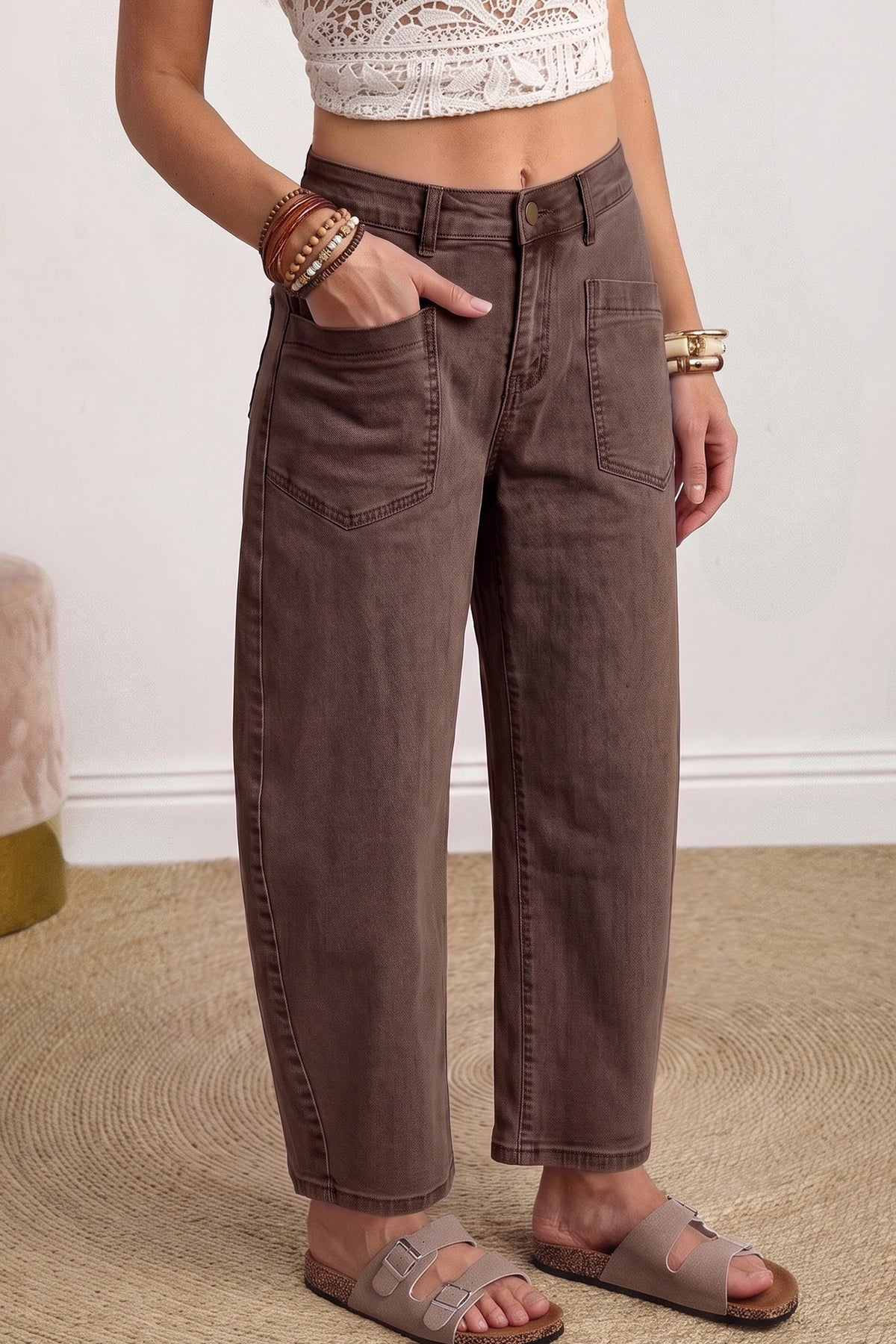 Coffee Solid Color Square Patch Pocket Ankle-length Barrel Jeans-Bottoms/Jeans-[Adult]-[Female]-2022 Online Blue Zone Planet