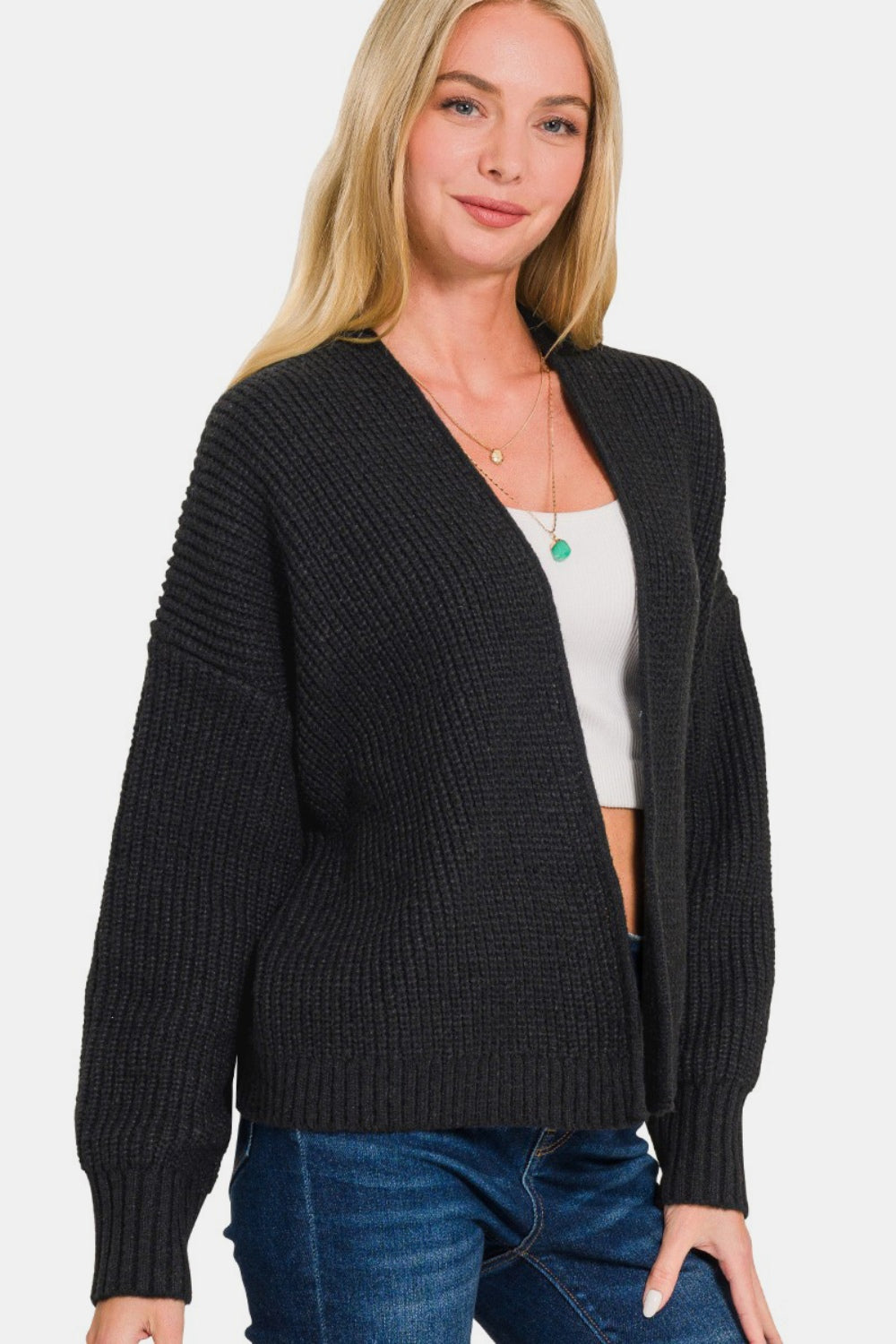 Zenana Open Front Drop Shoulder Sweater Cardigan-TOPS / DRESSES-[Adult]-[Female]-Black-S-2022 Online Blue Zone Planet