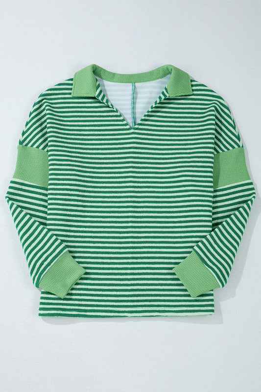 Green Stripe Turn-Down V Neck Patchwork Loose Top-Tops/Long Sleeve Tops-[Adult]-[Female]-2022 Online Blue Zone Planet