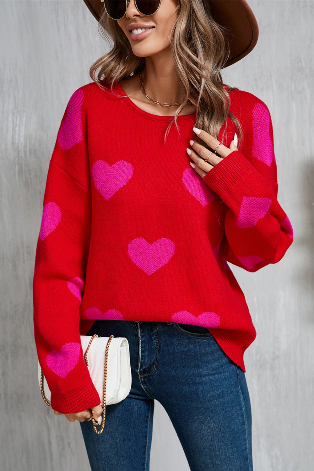 Angel Wings Heart Round Neck Dropped Shoulder Sweater-TOPS / DRESSES-[Adult]-[Female]-Red-S-2022 Online Blue Zone Planet