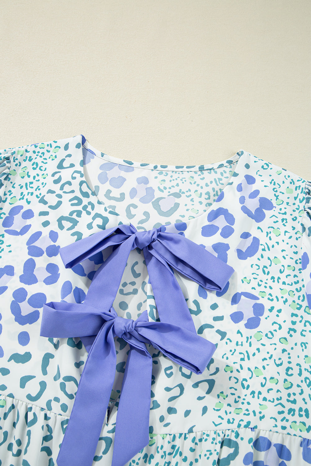 Sky Blue Leopard Contrast Bow Puff Sleeve Mini Dress-TOPS / DRESSES-[Adult]-[Female]-2022 Online Blue Zone Planet