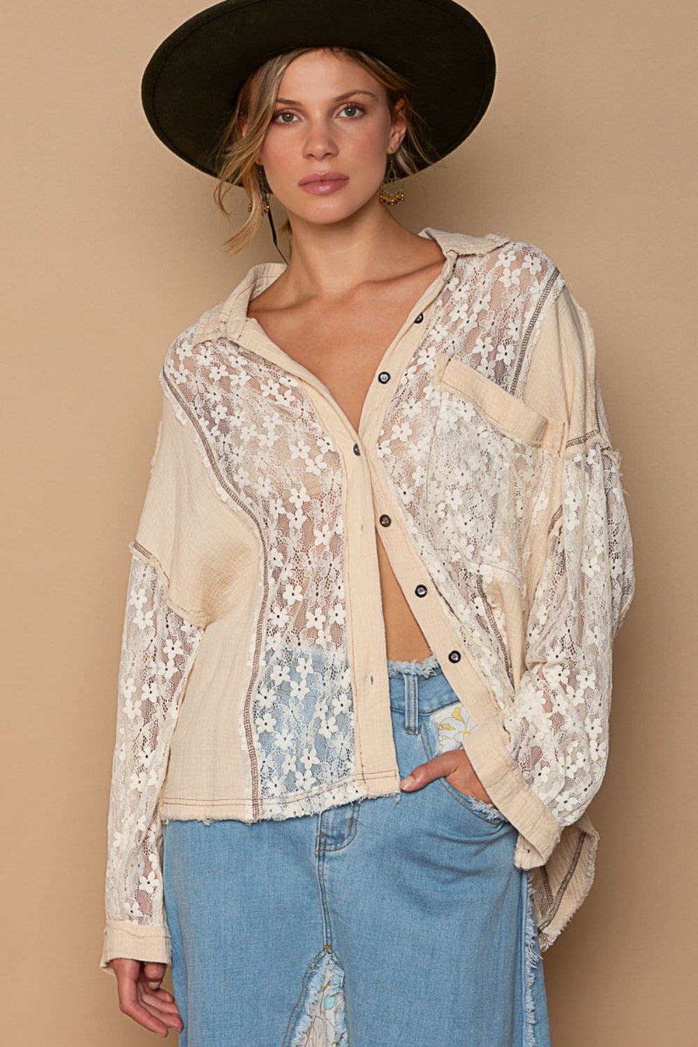 Blue Zone Planet | POL Oversize Lace Button-Down Shirt-TOPS / DRESSES-[Adult]-[Female]-Sand-S-2022 Online Blue Zone Planet