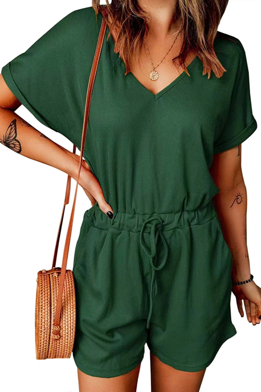 Full Size Drawstring V-Neck Short Sleeve Romper-TOPS / DRESSES-[Adult]-[Female]-2022 Online Blue Zone Planet