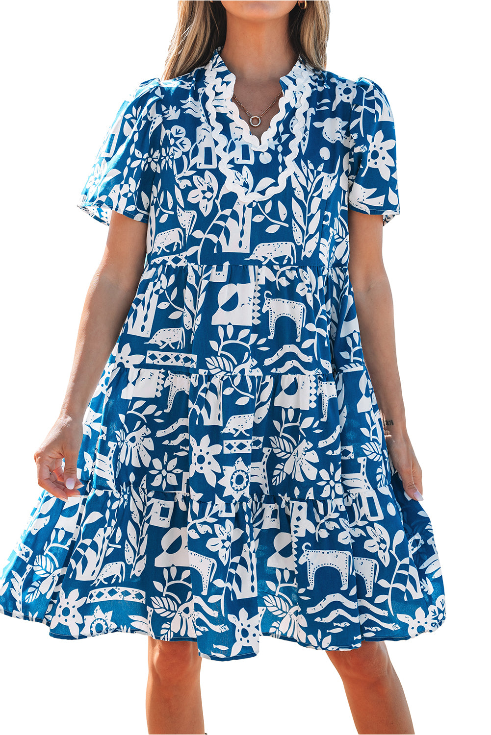 Blue Ricrac Trim Split Neck Floral Loose Dress-Dresses/Floral Dresses-[Adult]-[Female]-2022 Online Blue Zone Planet