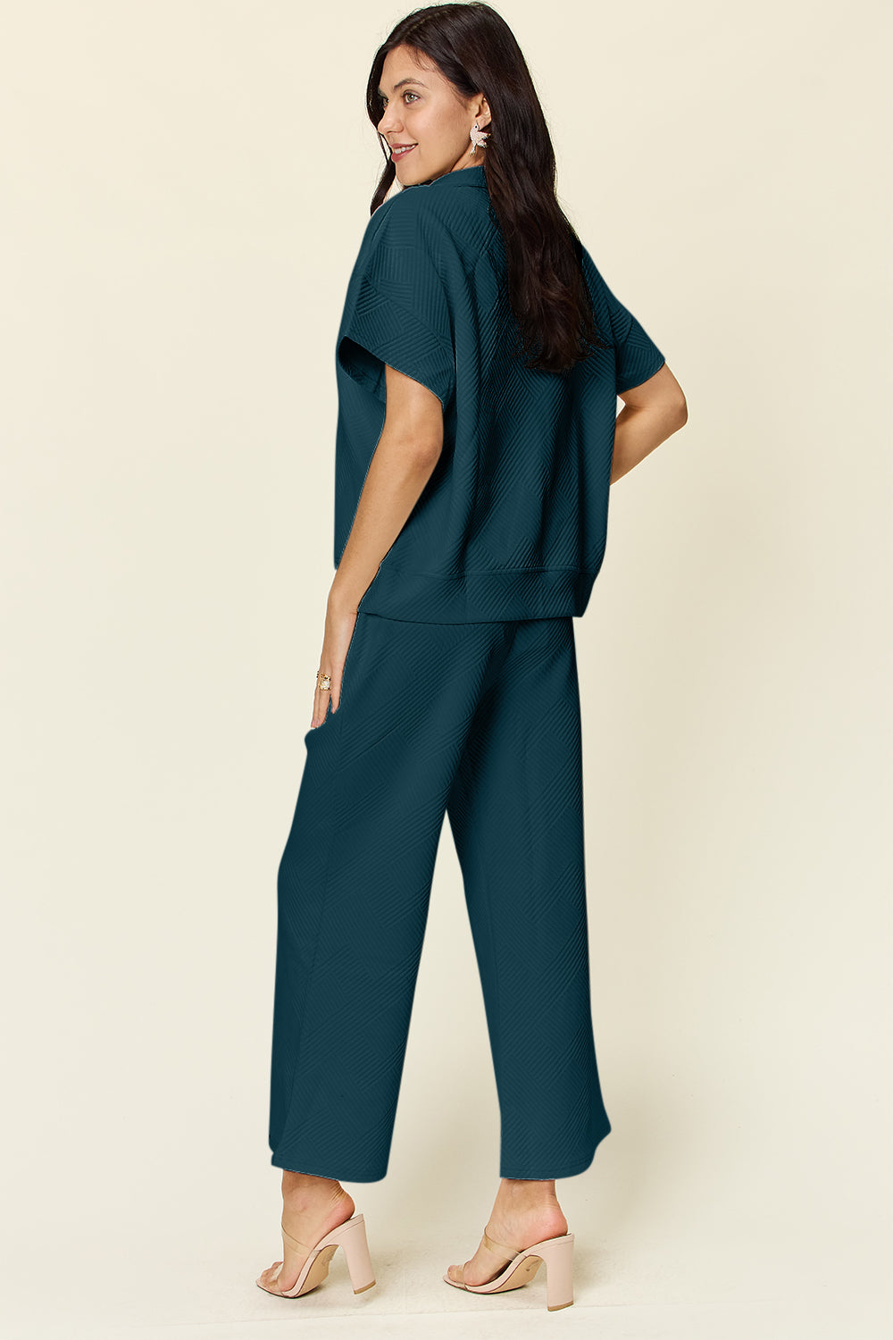 Blue Zone Planet | Double Take Full Size Texture Half Zip Short Sleeve Top and Pants Set-TOPS / DRESSES-[Adult]-[Female]-2022 Online Blue Zone Planet