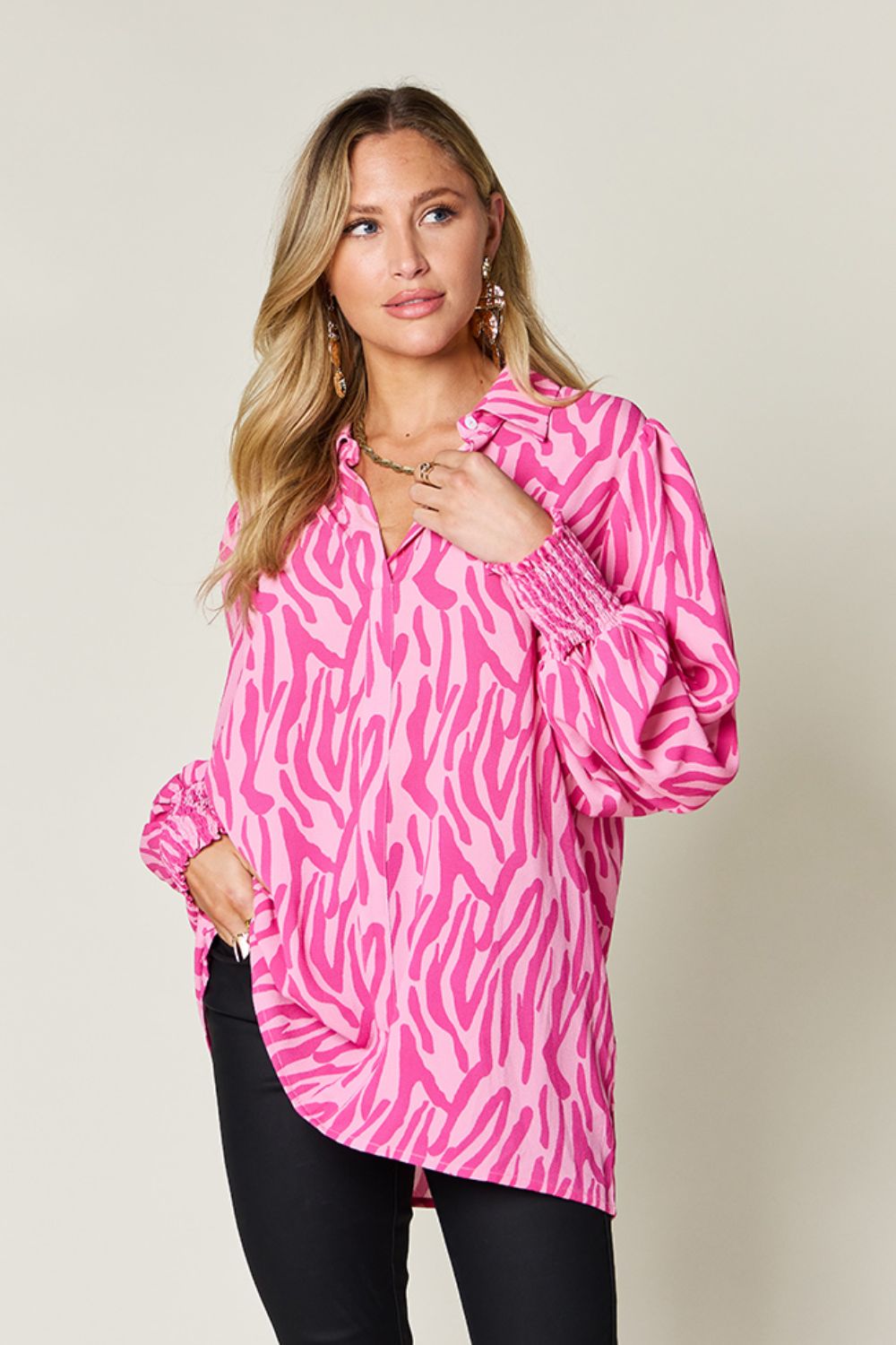 Blue Zone Planet | Double Take Full Size Printed Smocked Long Sleeve Blouse-TOPS / DRESSES-[Adult]-[Female]-Deep Rose-S-2022 Online Blue Zone Planet