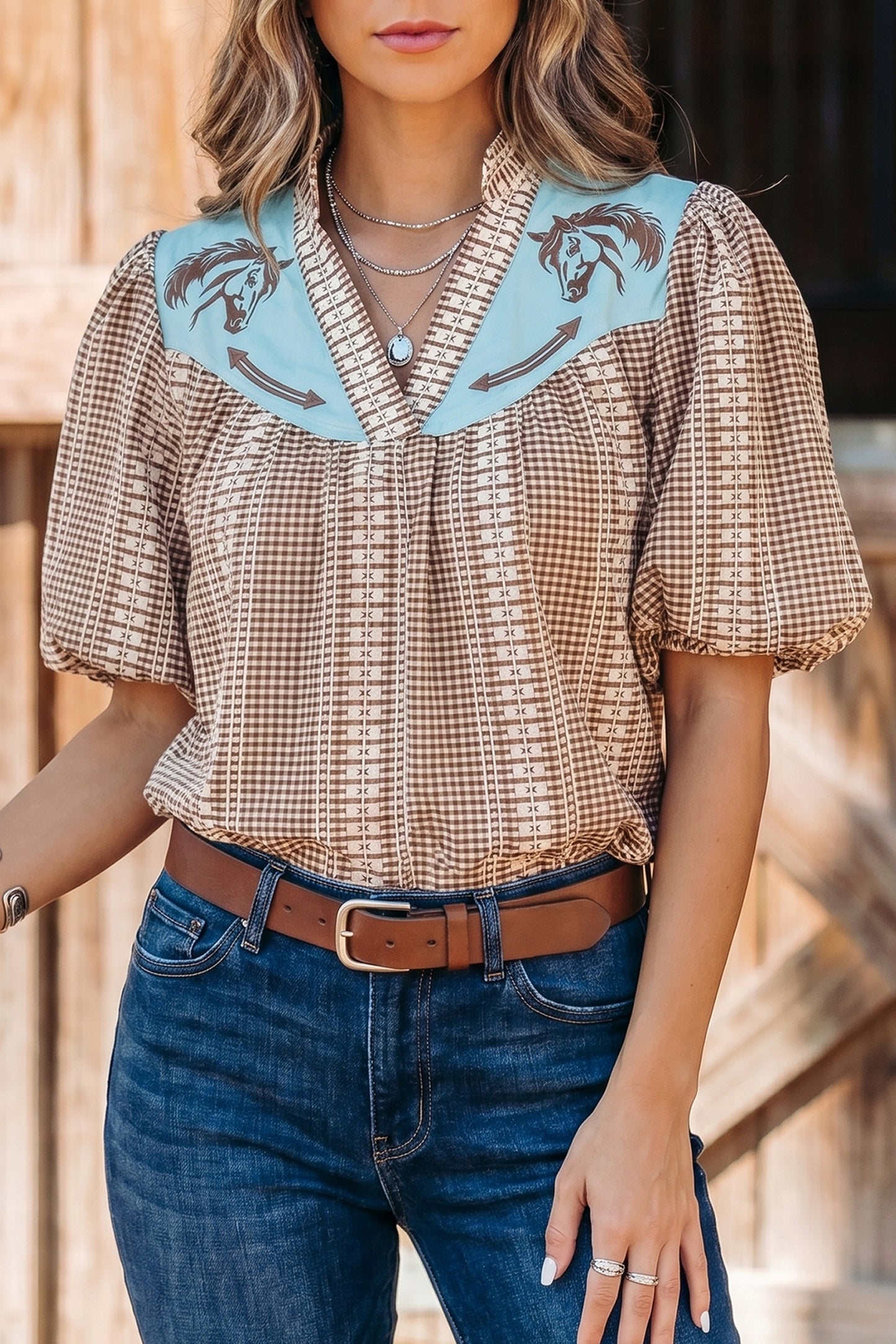 Brown Western Pony Embroidered Yoke Puff Sleeve Gingham Blouse-Tops/Blouses & Shirts-[Adult]-[Female]-2022 Online Blue Zone Planet