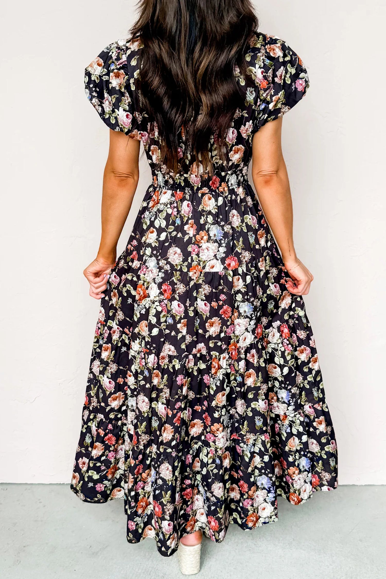 Black Floral Print V Neck Pleated Tiered Maxi Dress-TOPS / DRESSES-[Adult]-[Female]-2022 Online Blue Zone Planet