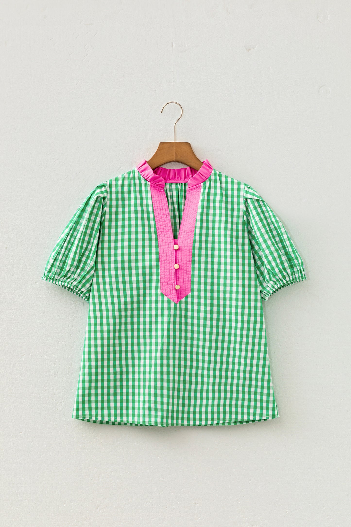 Green Gingham Plaid Bubble Sleeve Colorblock Trim V Neck Blouse-Tops/Blouses & Shirts-[Adult]-[Female]-2022 Online Blue Zone Planet